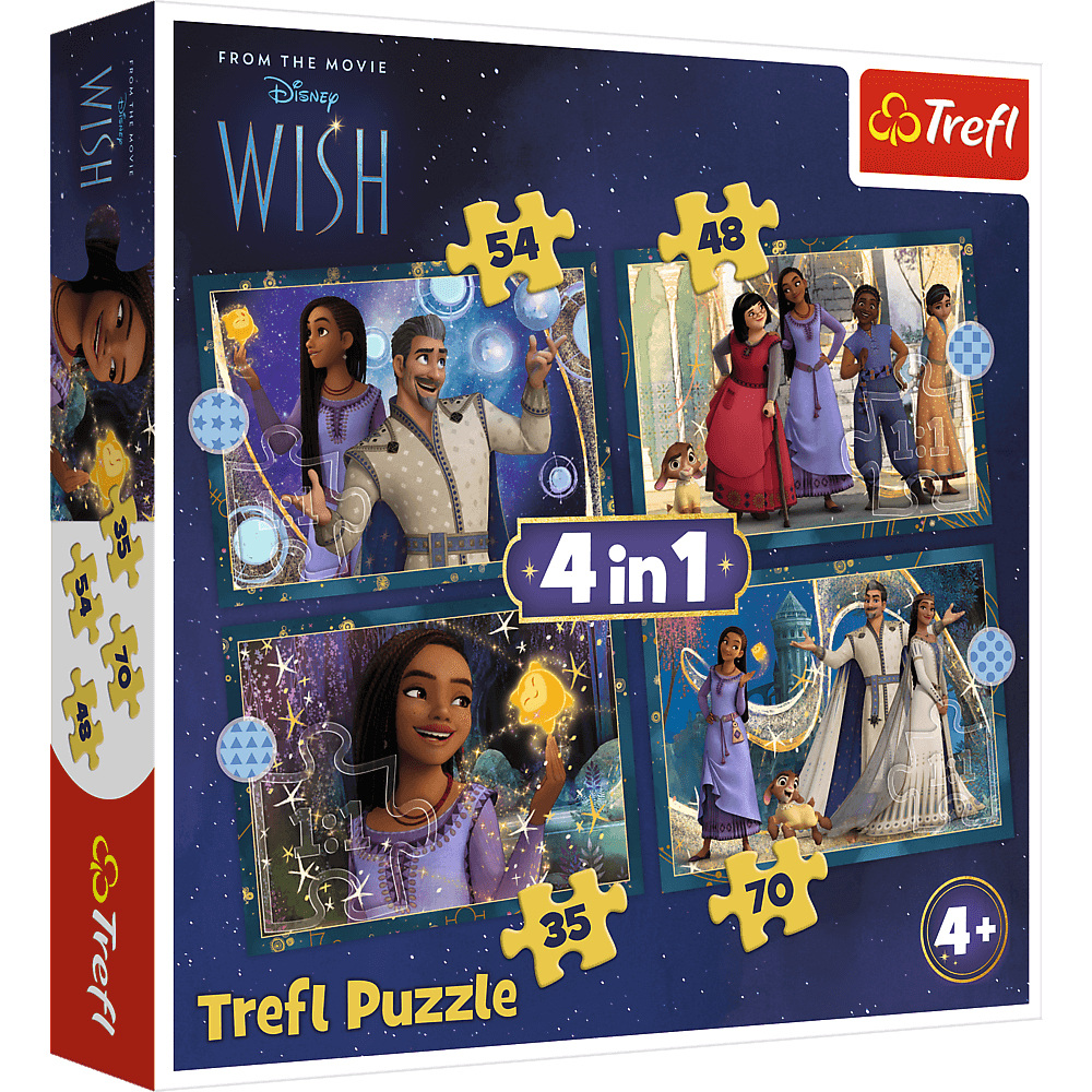 Vier Disney-Puzzle mit Charakteren aus dem Film "Wish" auf dunklem Nachthimmel.