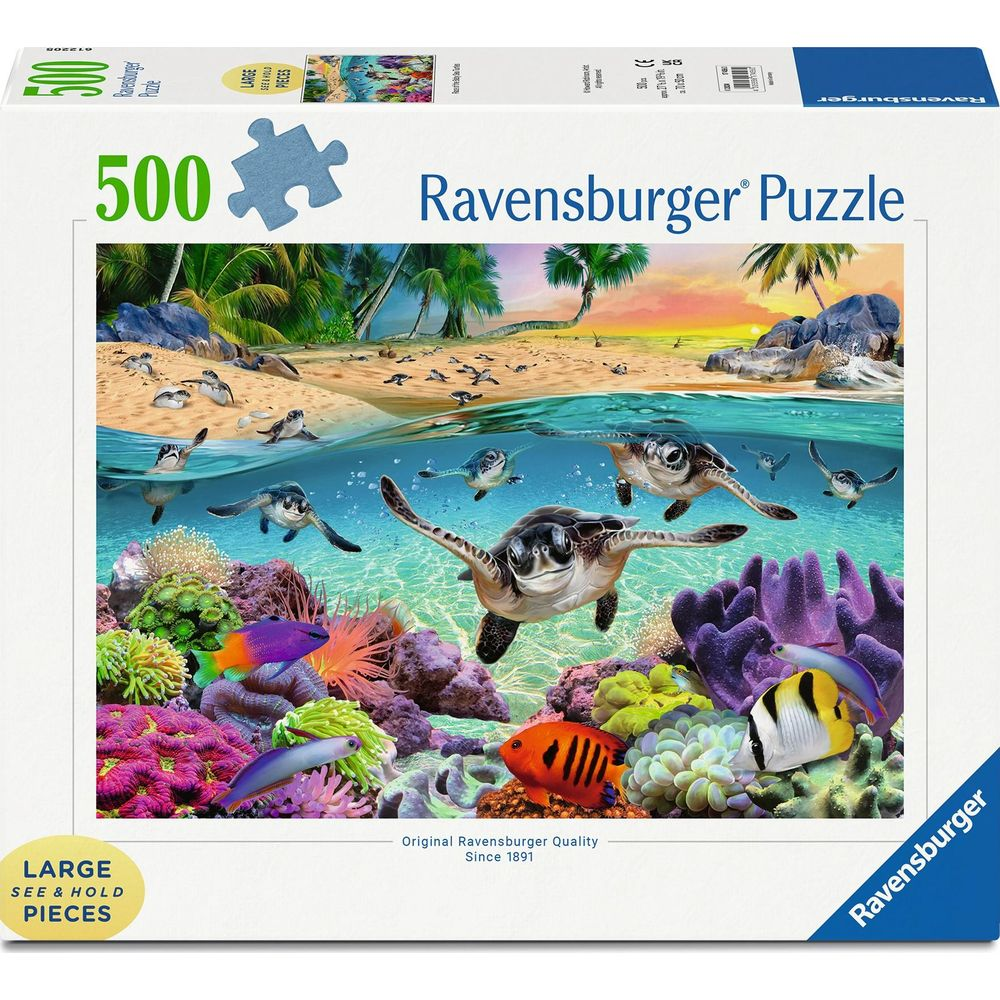 Scatola di puzzle Ravensburger raffigurante tartarughe marine che nuotano vicino a barriere coralline e su una spiaggia.