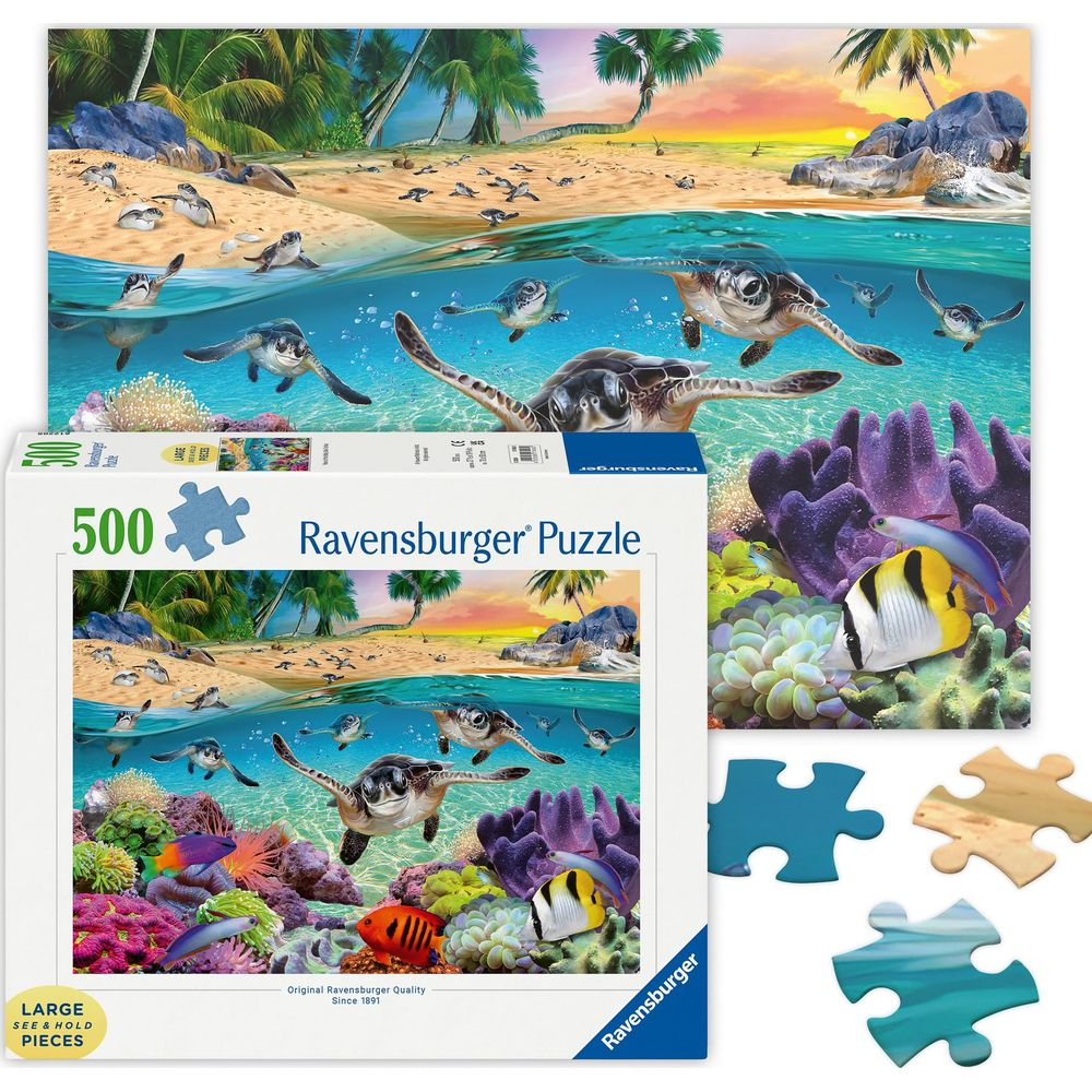 Puzzle Ravensburger: Tartarughe su spiaggia e in mare, barriere coralline e pesci.