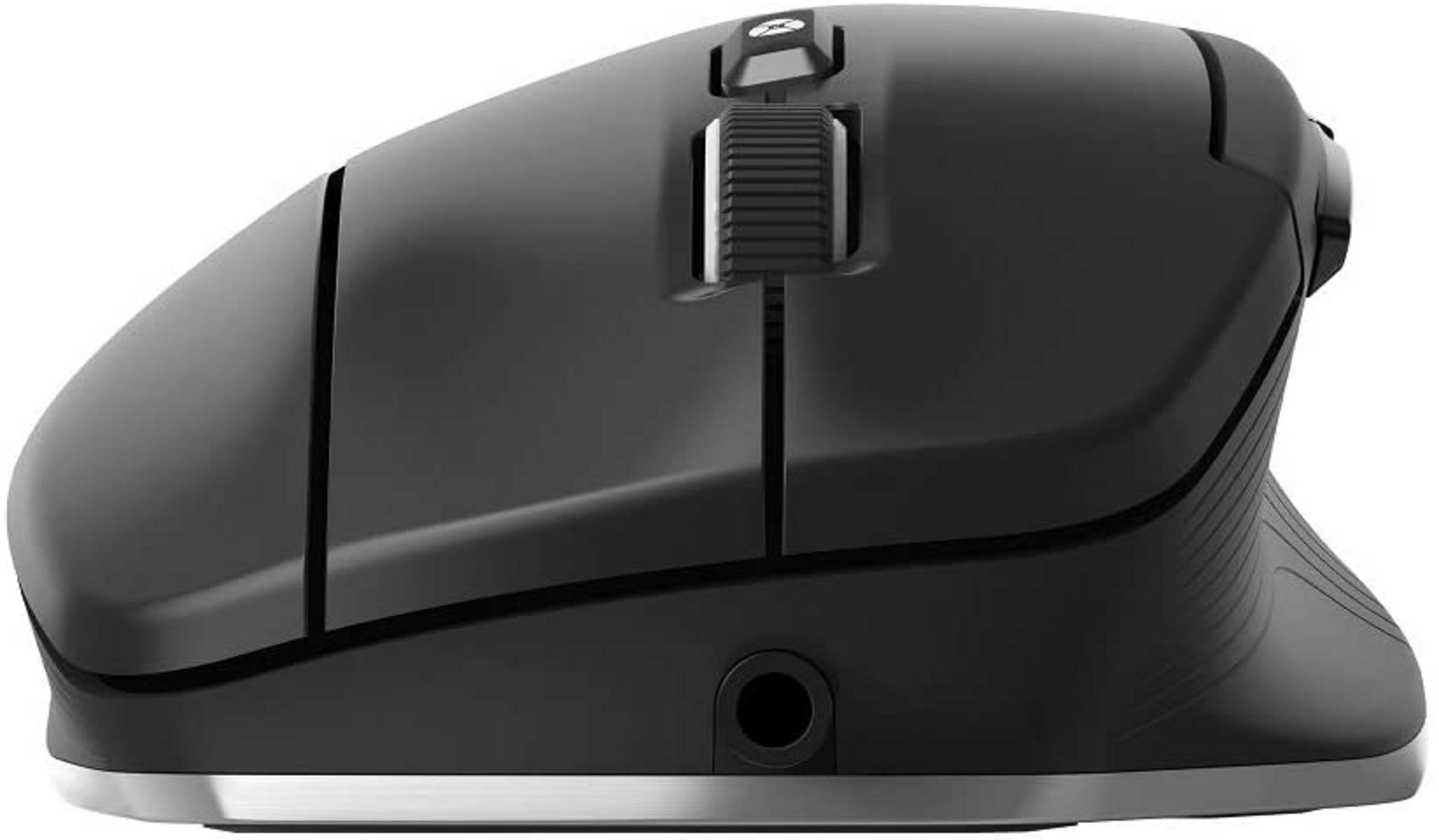 Black computer mouse with a scroll wheel and silver trim.
