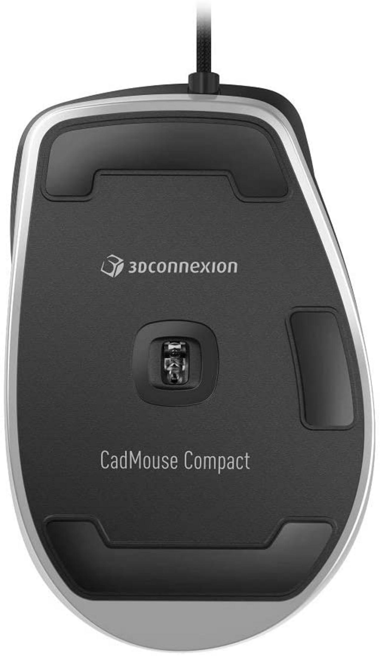 Underside of a black 3Dconnexion CadMouse Compact with a silver trim.