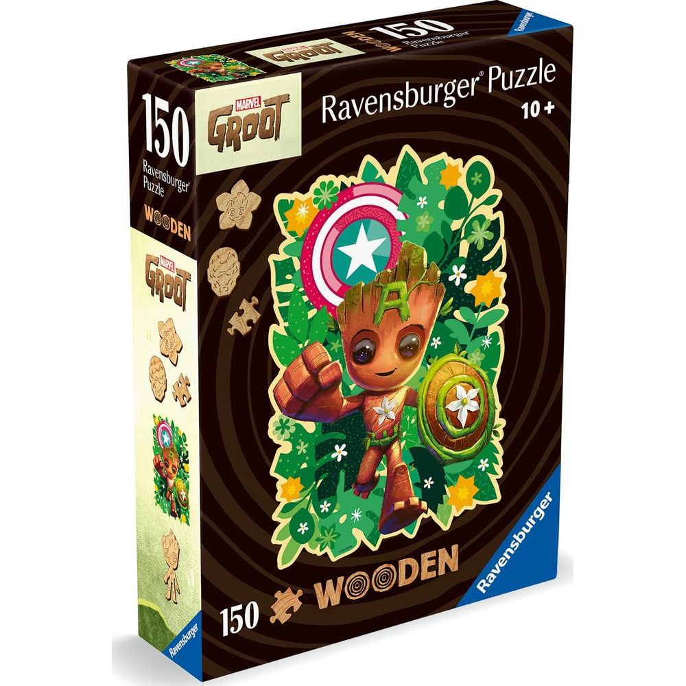 Puzzle in legno Ravensburger da 150 pezzi con Baby Groot e lo scudo di Capitan America.