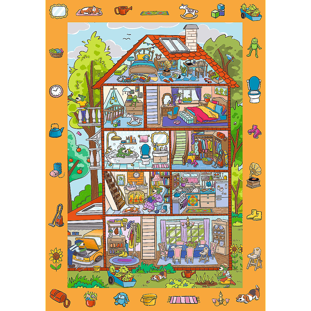 Illustration eines mehrstöckigen Hauses mit vielen Details und Charakteren.