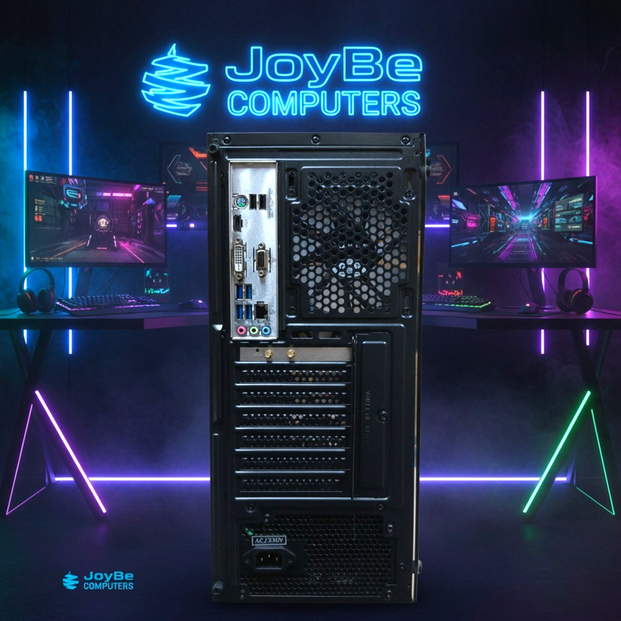 Retro di un PC con porte, luci al neon e setup da gioco sullo sfondo.