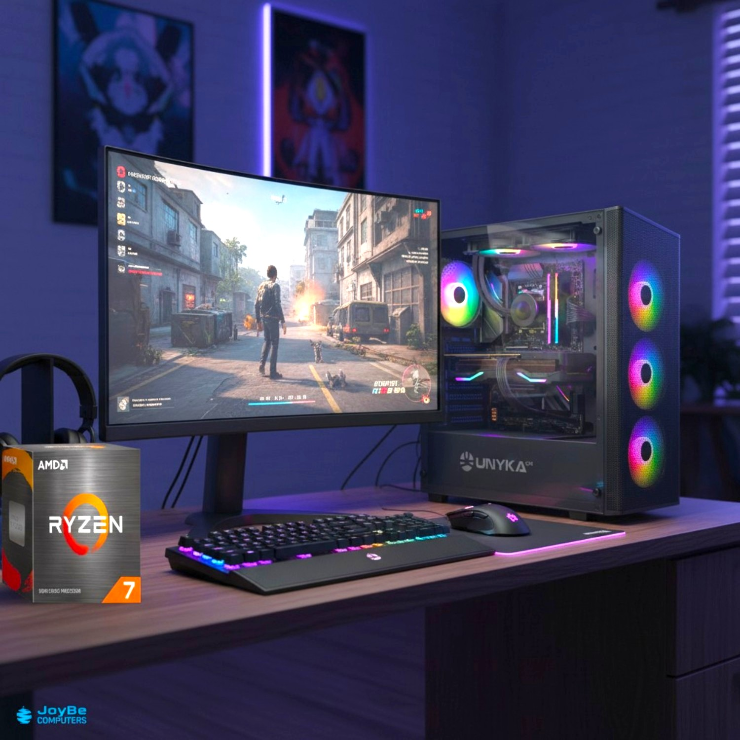 Configuración de PC para juegos con luces RGB, monitor mostrando juego, caja de CPU Ryzen, teclado, ratón, auriculares.