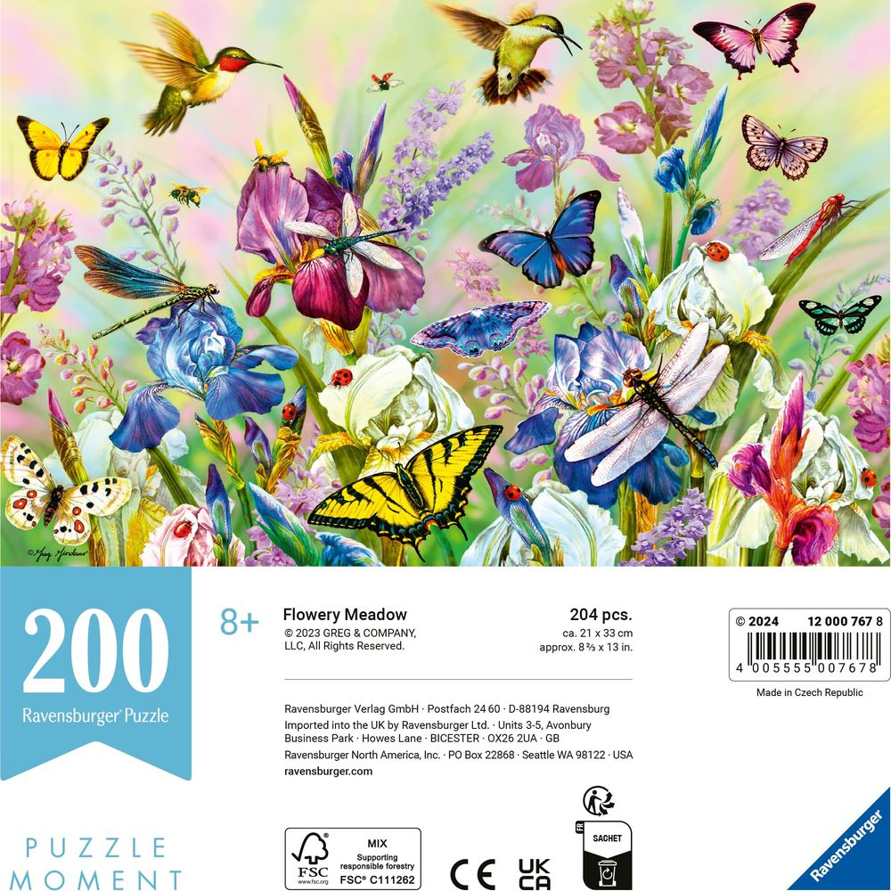 Scena di prato vibrante con iris, farfalle, libellule, colibrì e coccinelle.