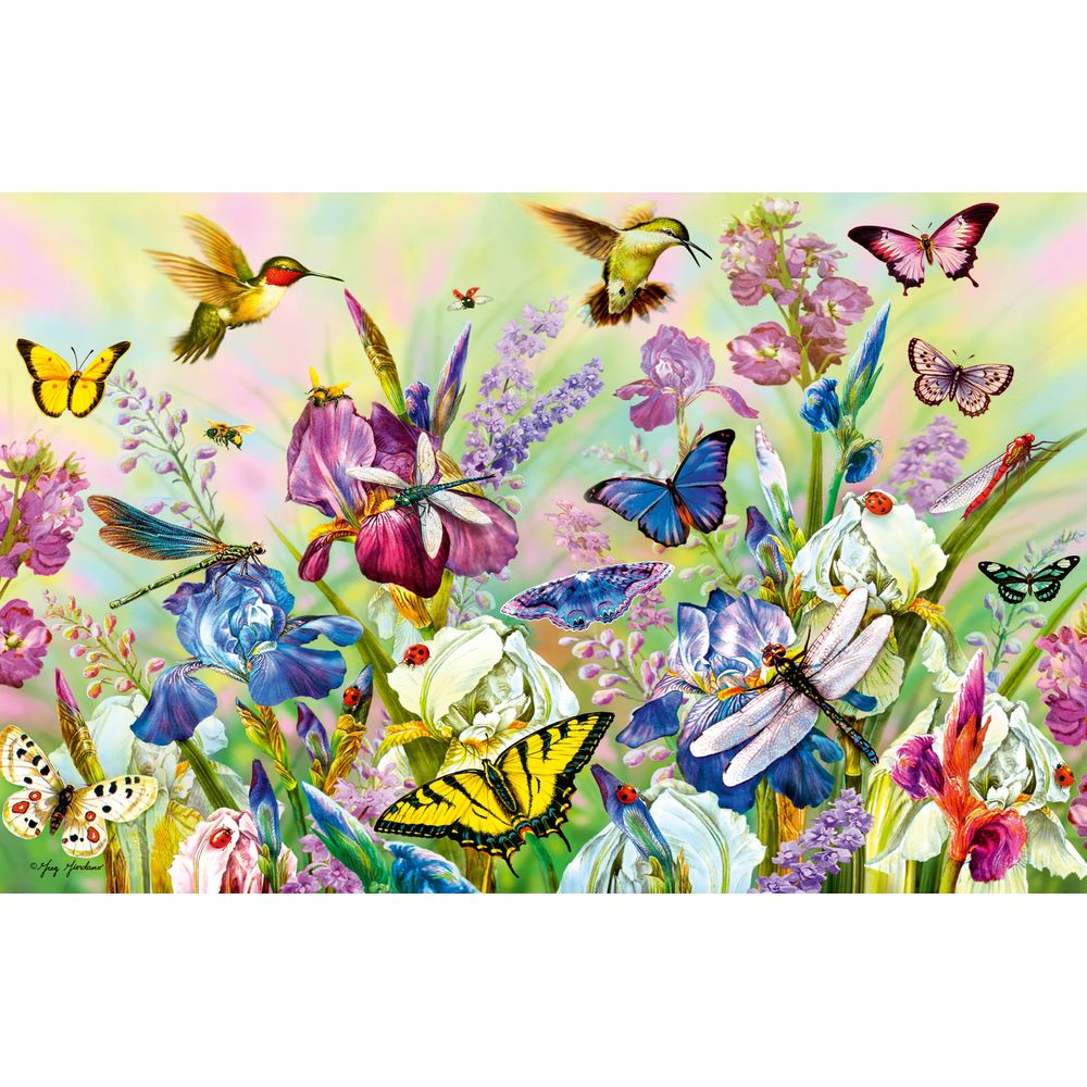 Colibrì, farfalle, libellule e coccinelle sui fiori.