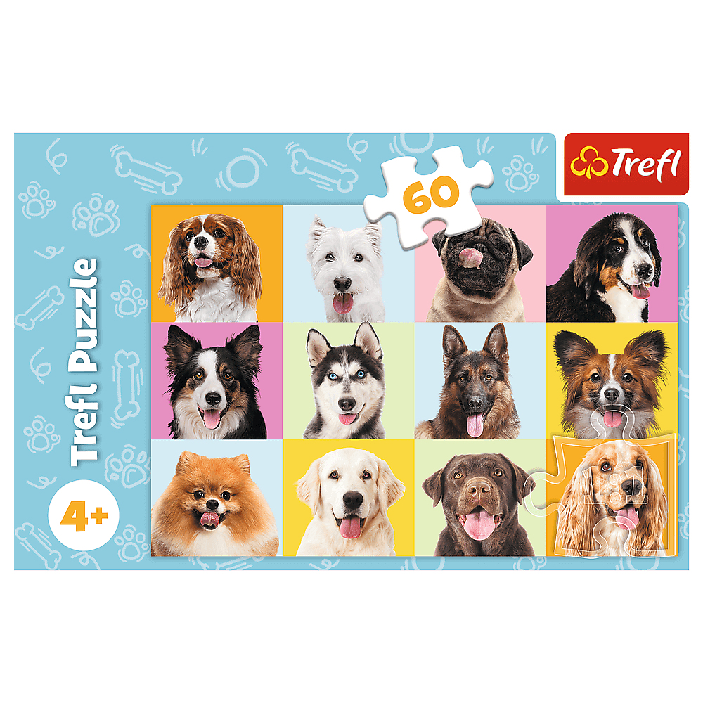 Puzzel met 12 hondenkoppen op kleurrijke achtergronden. 'Trefl Puzzle'-tekst aan de linkerkant.