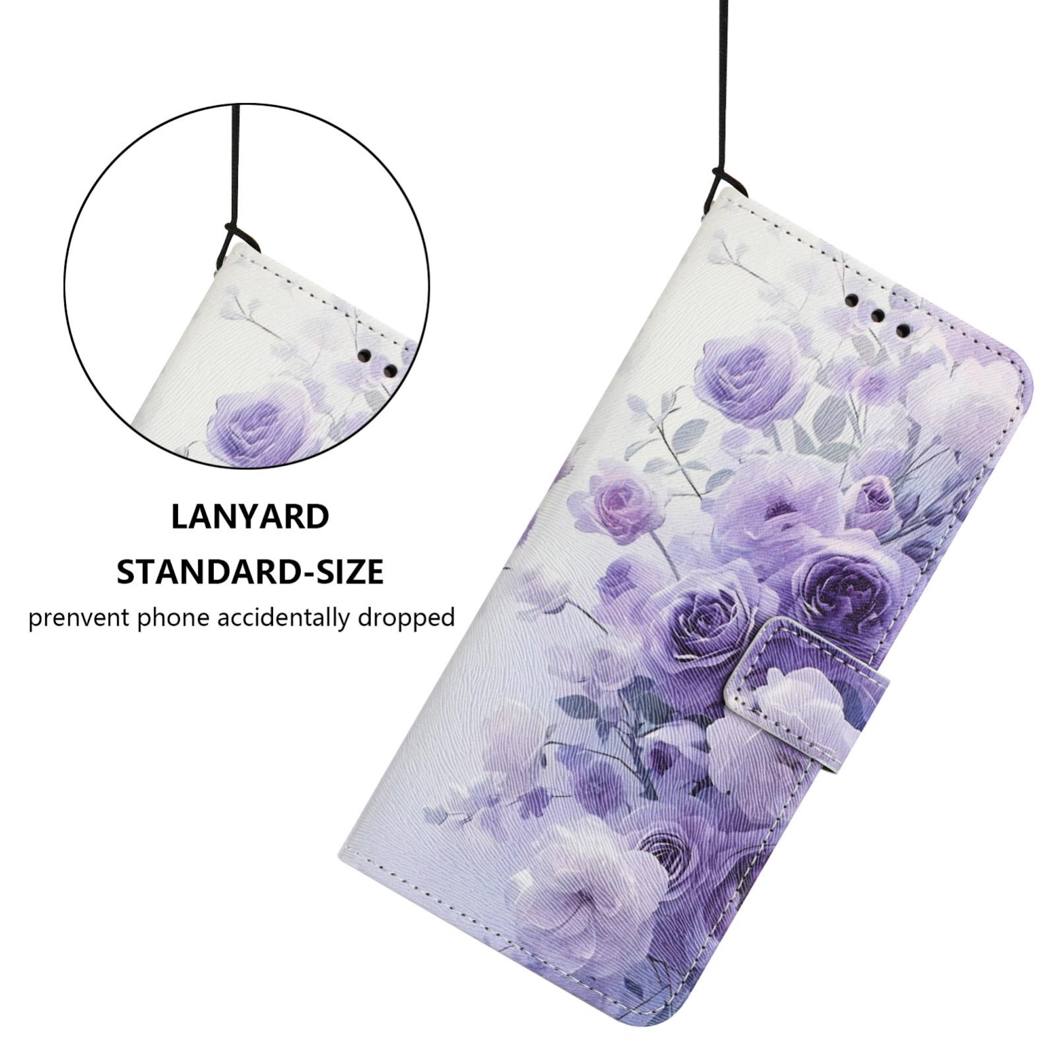 Lila Blumenmuster auf weißer Handyhülle mit Lanyard-Befestigung.