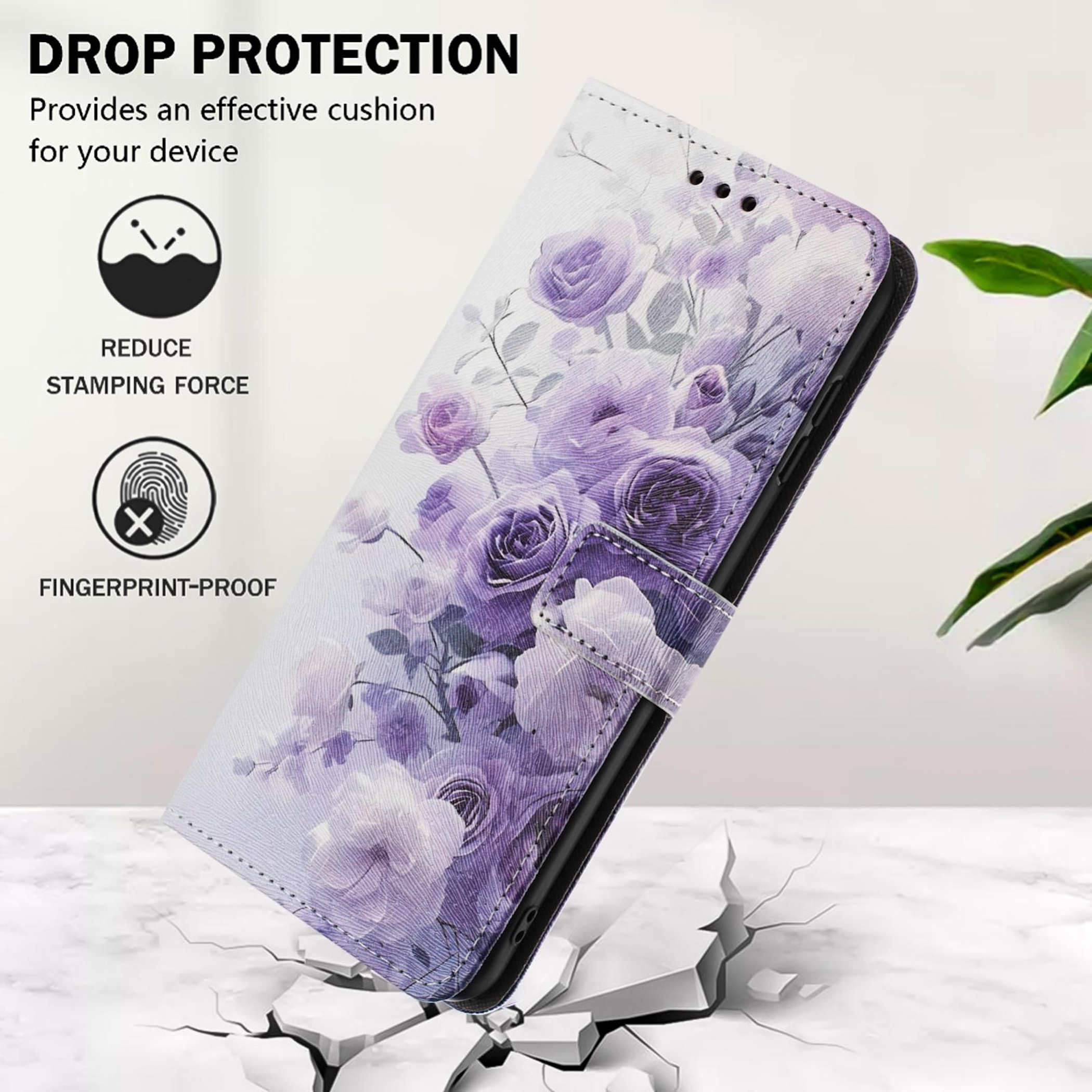 Lila Rosenmuster Handyhülle mit "Drop Protection"-Schriftzug auf zersplittertem Boden.