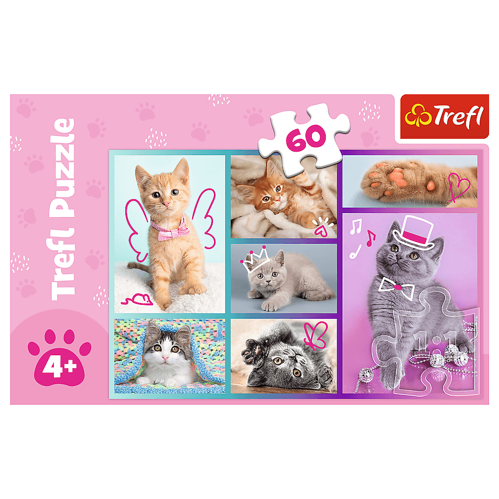 Ein Puzzle-Verpackungsdesign mit verschiedenen Katzenbildern und dem Trefl-Logo.