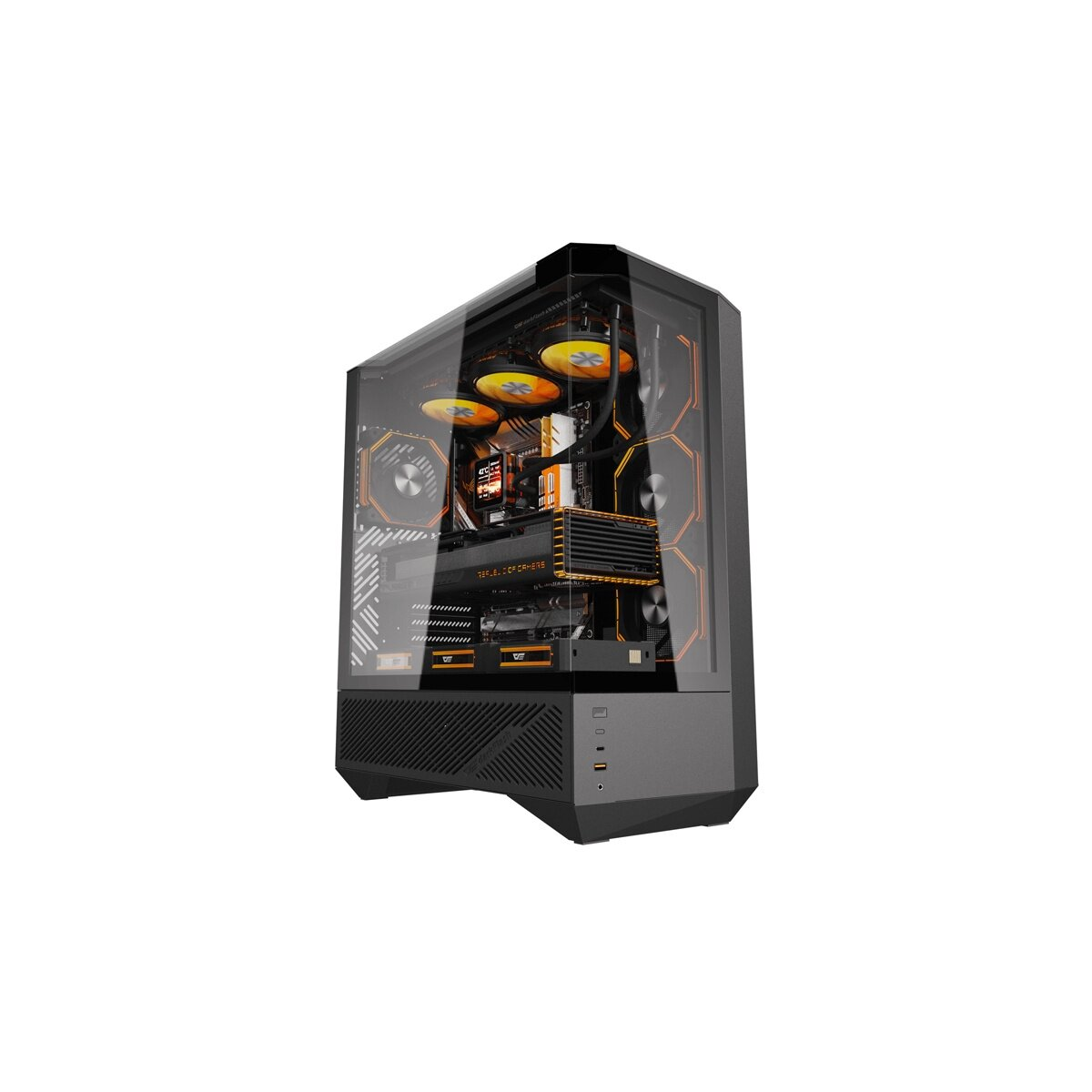 Un case per PC nero con pannello laterale trasparente e accenti arancioni.