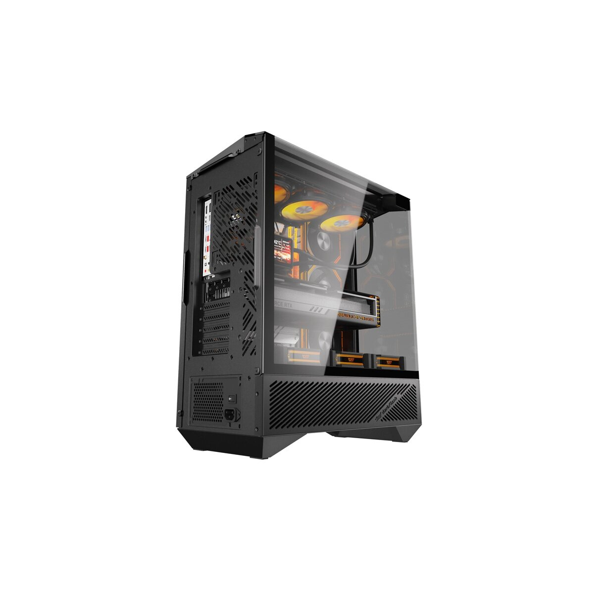 Un case PC nero con finestra in vetro che mostra ventole e componenti arancioni.