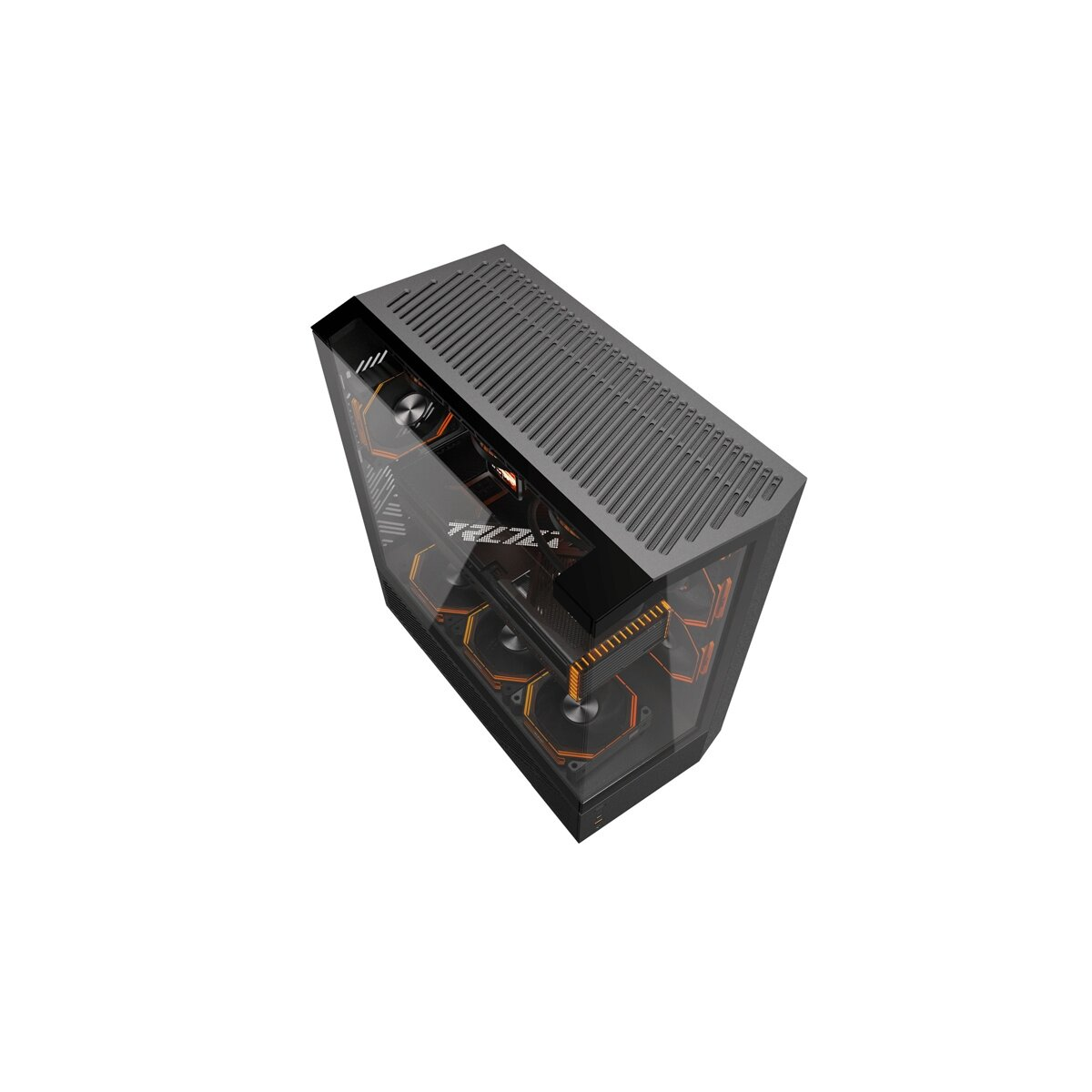 Un case del computer nero con pannello laterale in vetro e accenti arancioni su sfondo bianco.