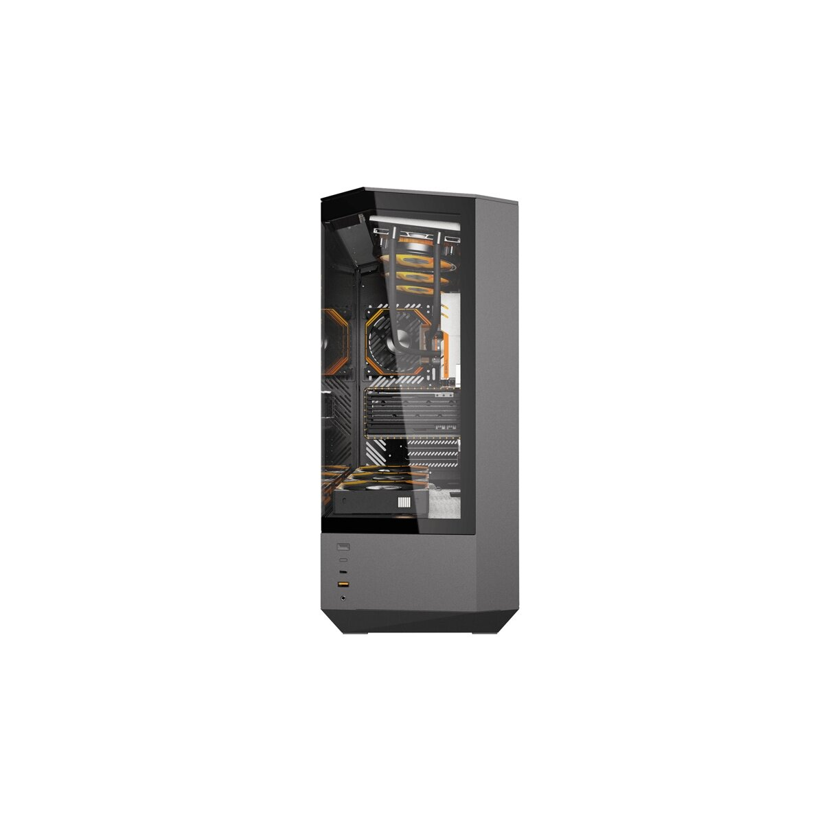 Un case per computer grigio con finestra in vetro mostra ventole e componenti arancioni.