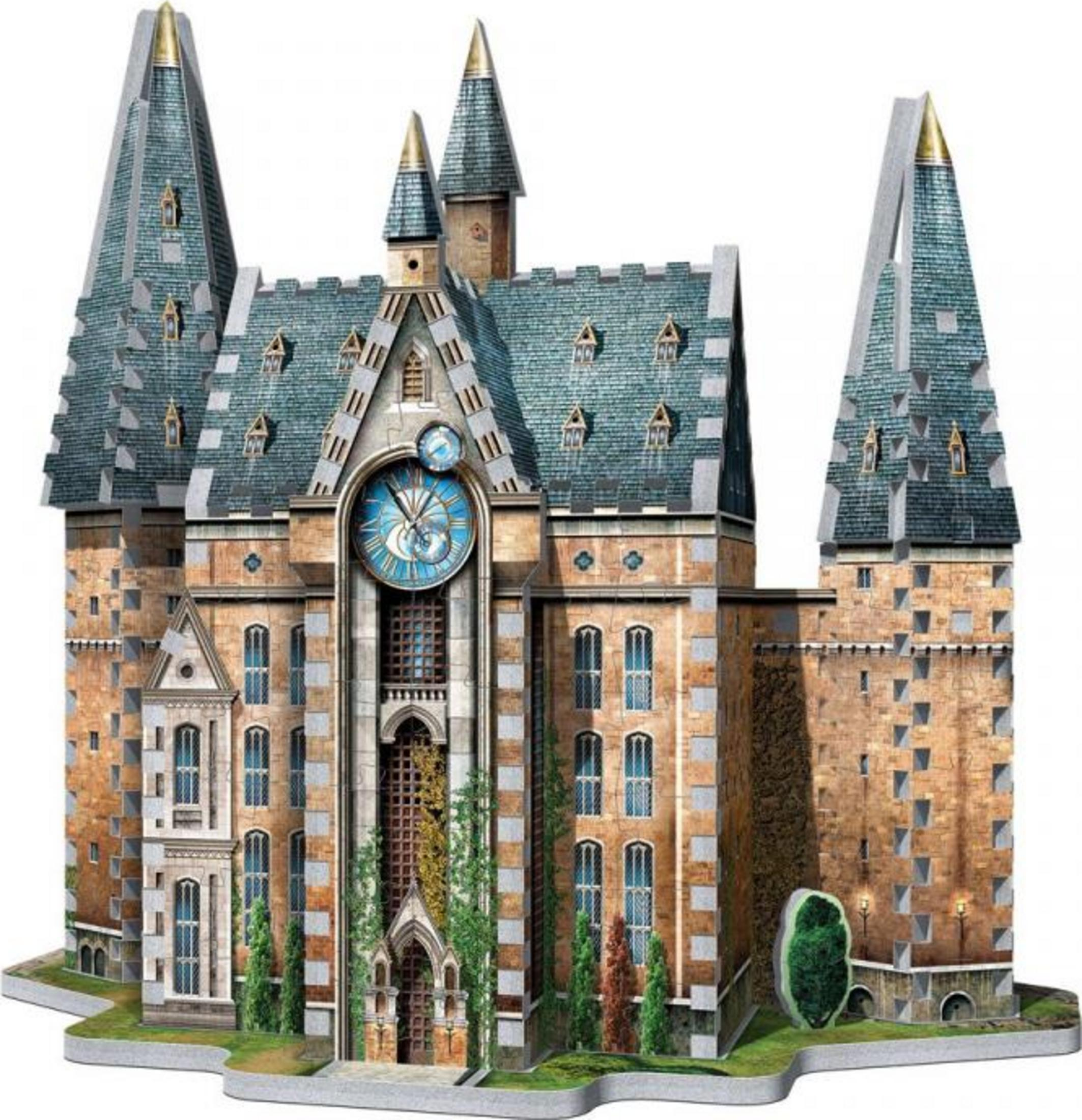 Ein detailliertes Modell einer Burg mit hohen Türmen, einem großen Zifferblatt und Steinmauern.