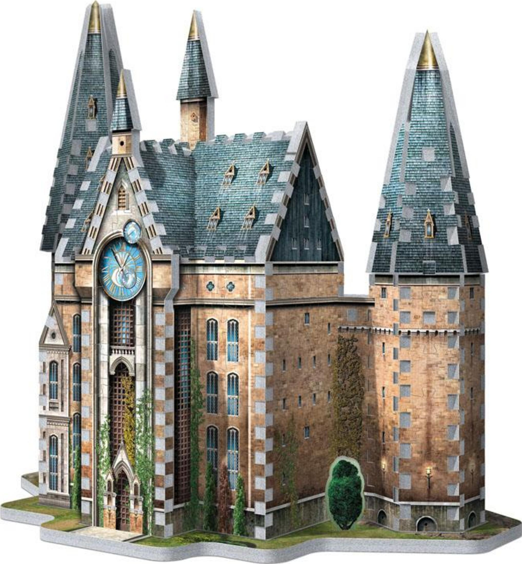 Ein detailgetreues 3D-Puzzle eines Schlosses mit Türmen, Fenstern und einer Uhr.
