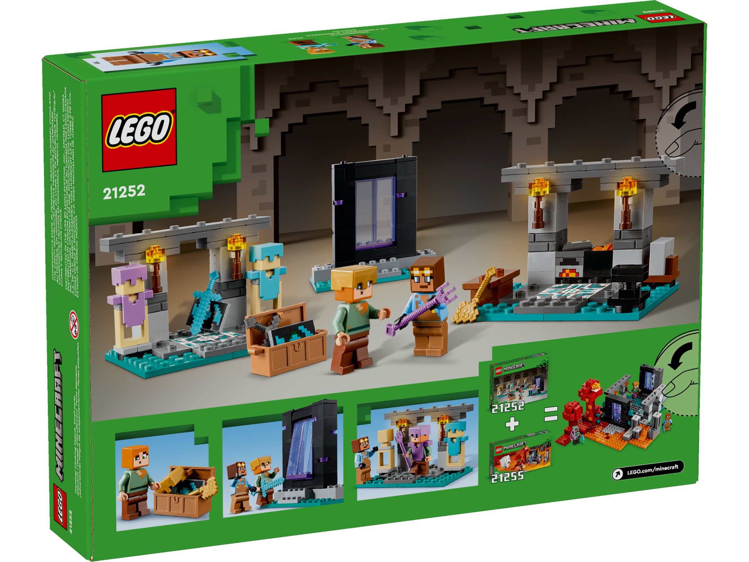 LEGO Minecraft Set 21252 mit Figuren und Portal in einer Höhle.