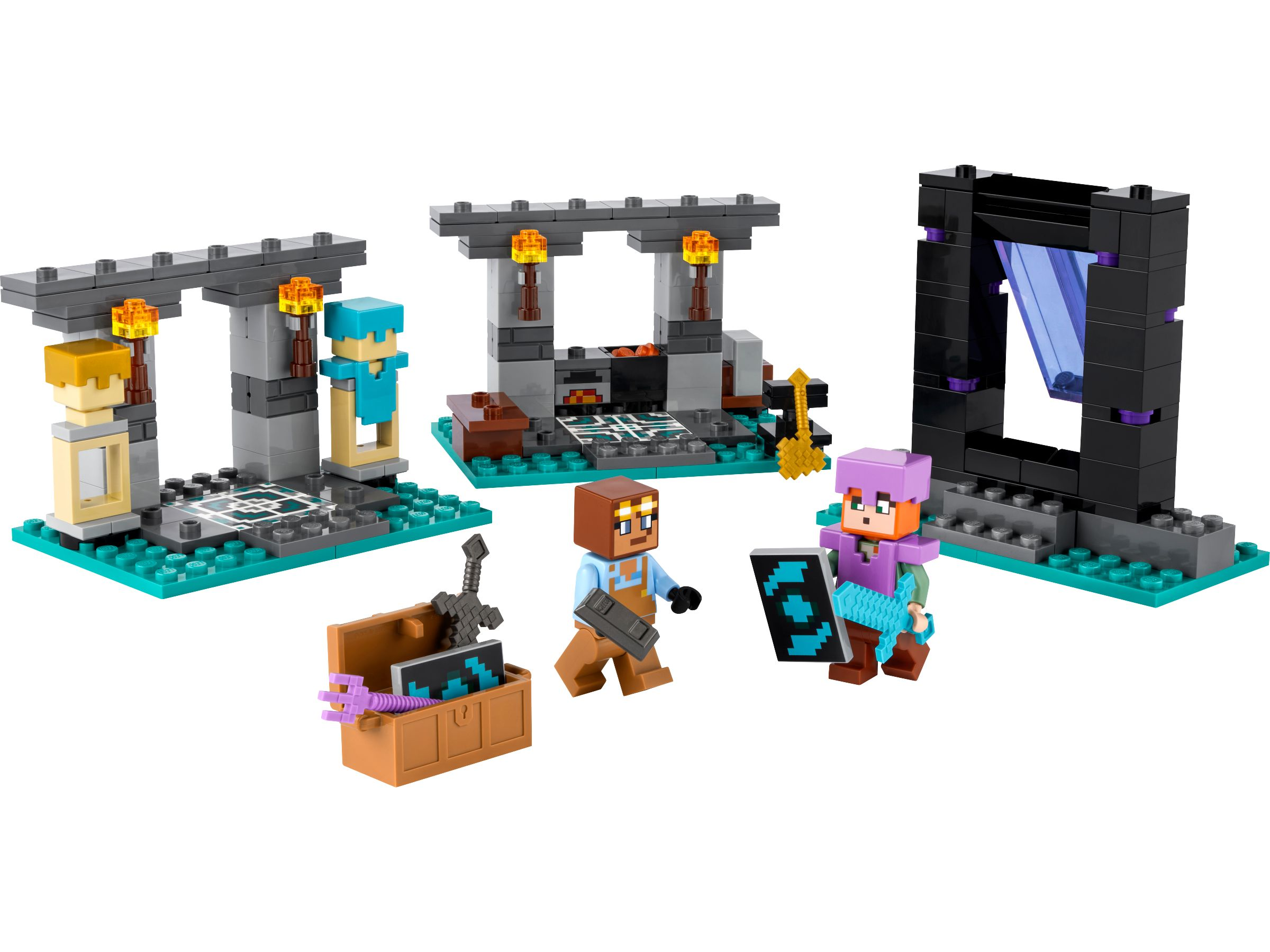 Minecraft-Charaktere bauen eine Festung mit einem Portal und einer Truhe voller Waffen.