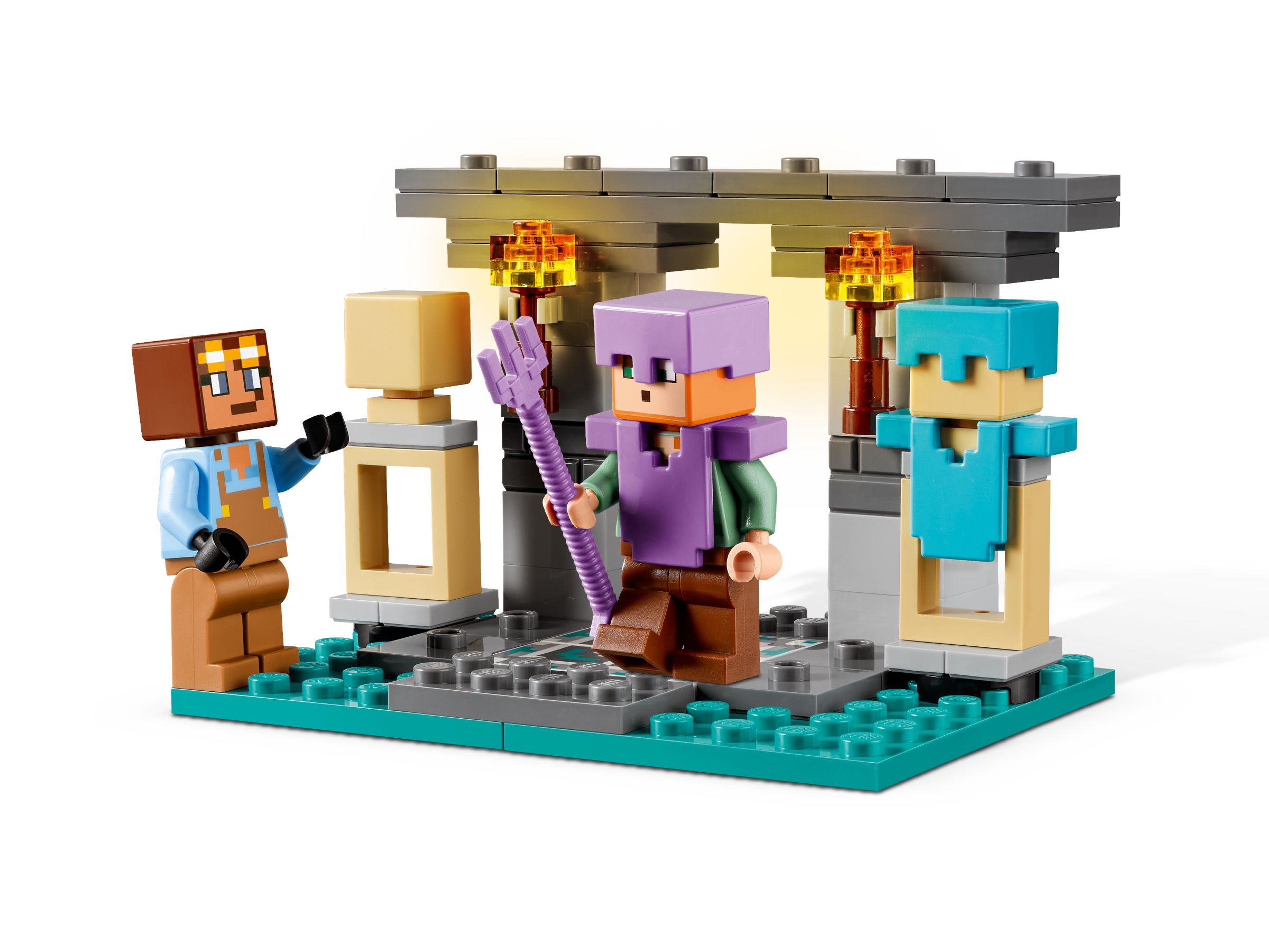 Drei Minecraft-Figuren mit Dreizack im Ziegelbau mit Fackeln.