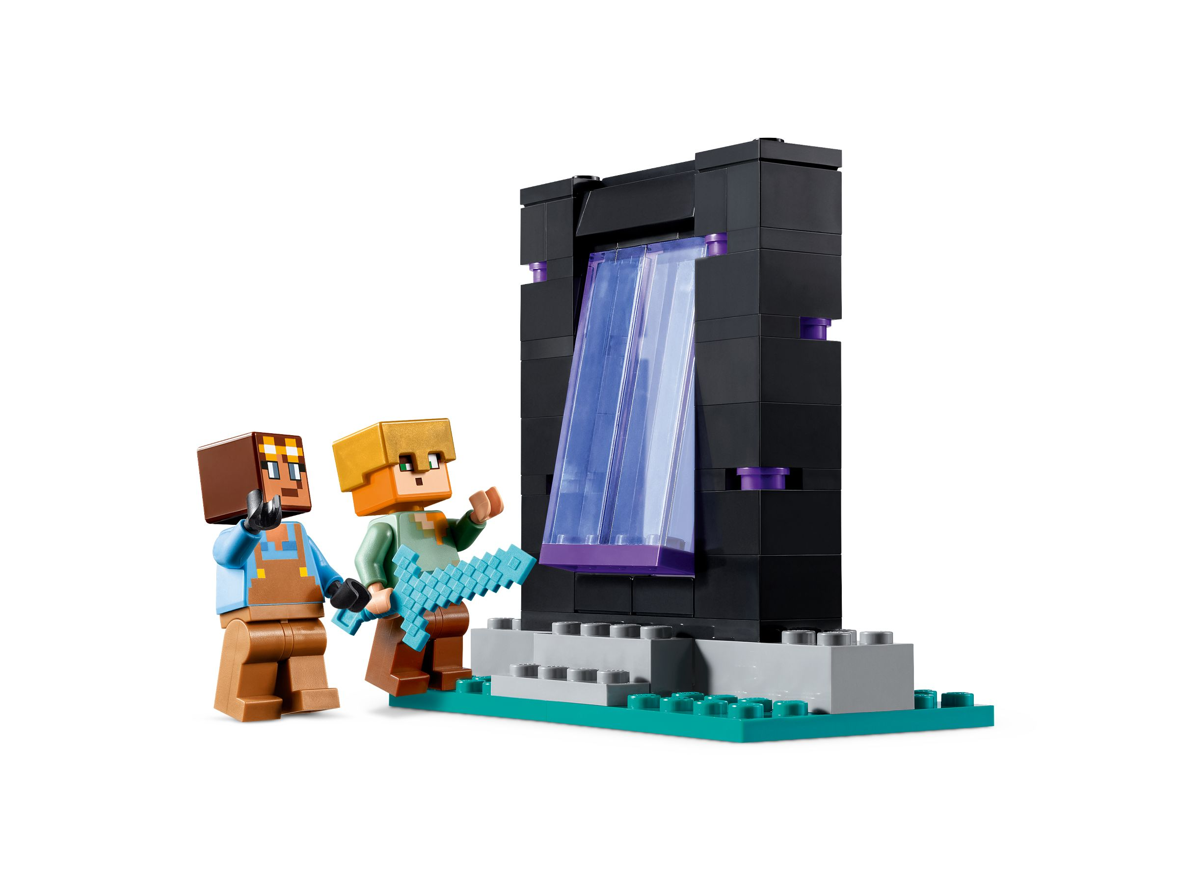 Zwei Lego-Figuren stehen vor einem schwarzen Portal mit lila Akzenten und blauem Inneren.
