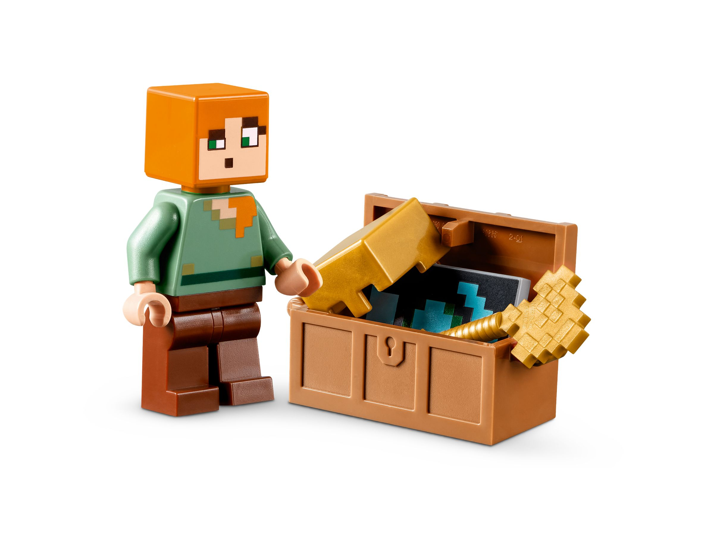 Ein Minecraft Alex-Figur steht neben einer offenen Truhe mit goldenem Inhalt.