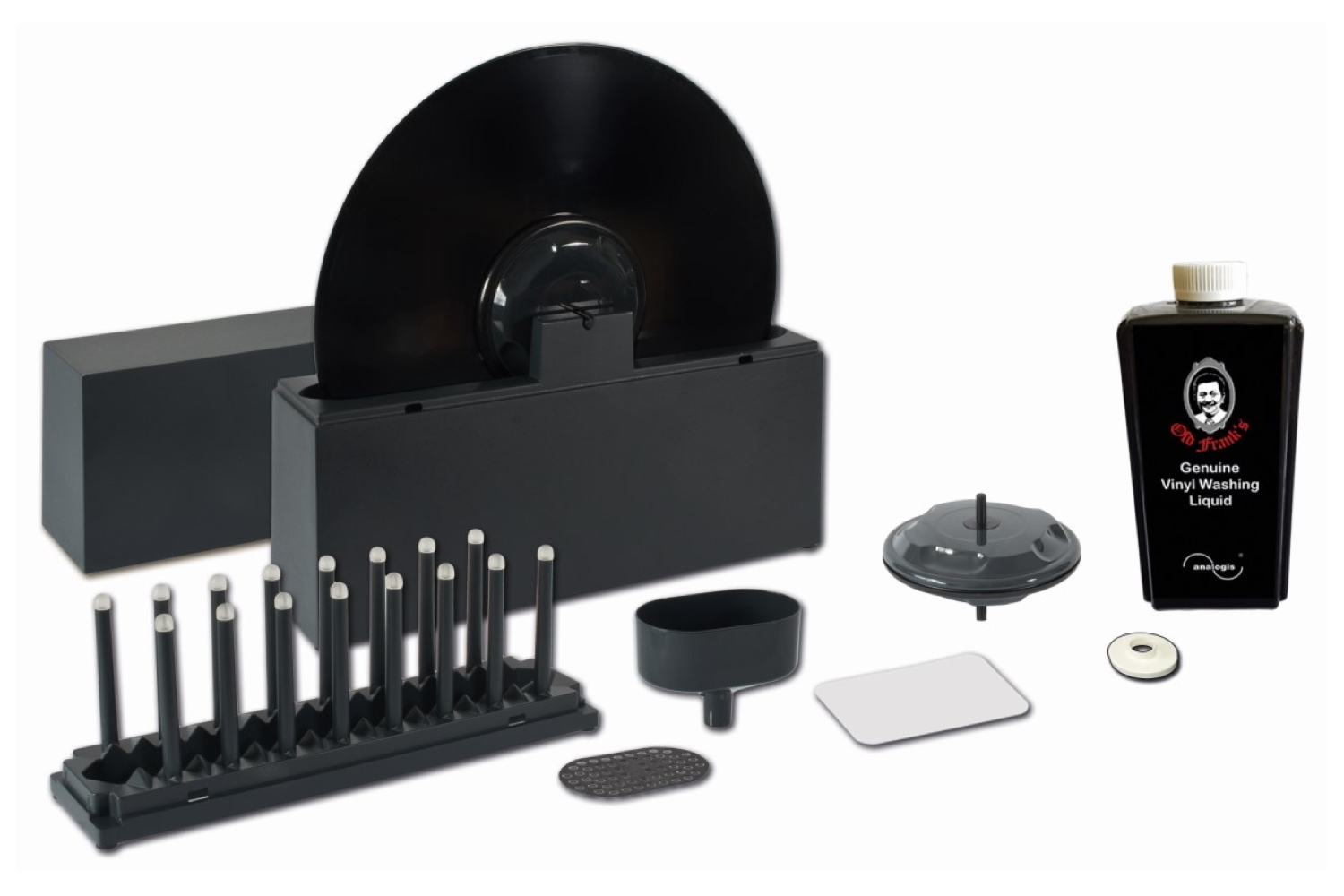 Kit nero per la pulizia dei dischi in vinile con spazzola, liquido e scolapiatti.