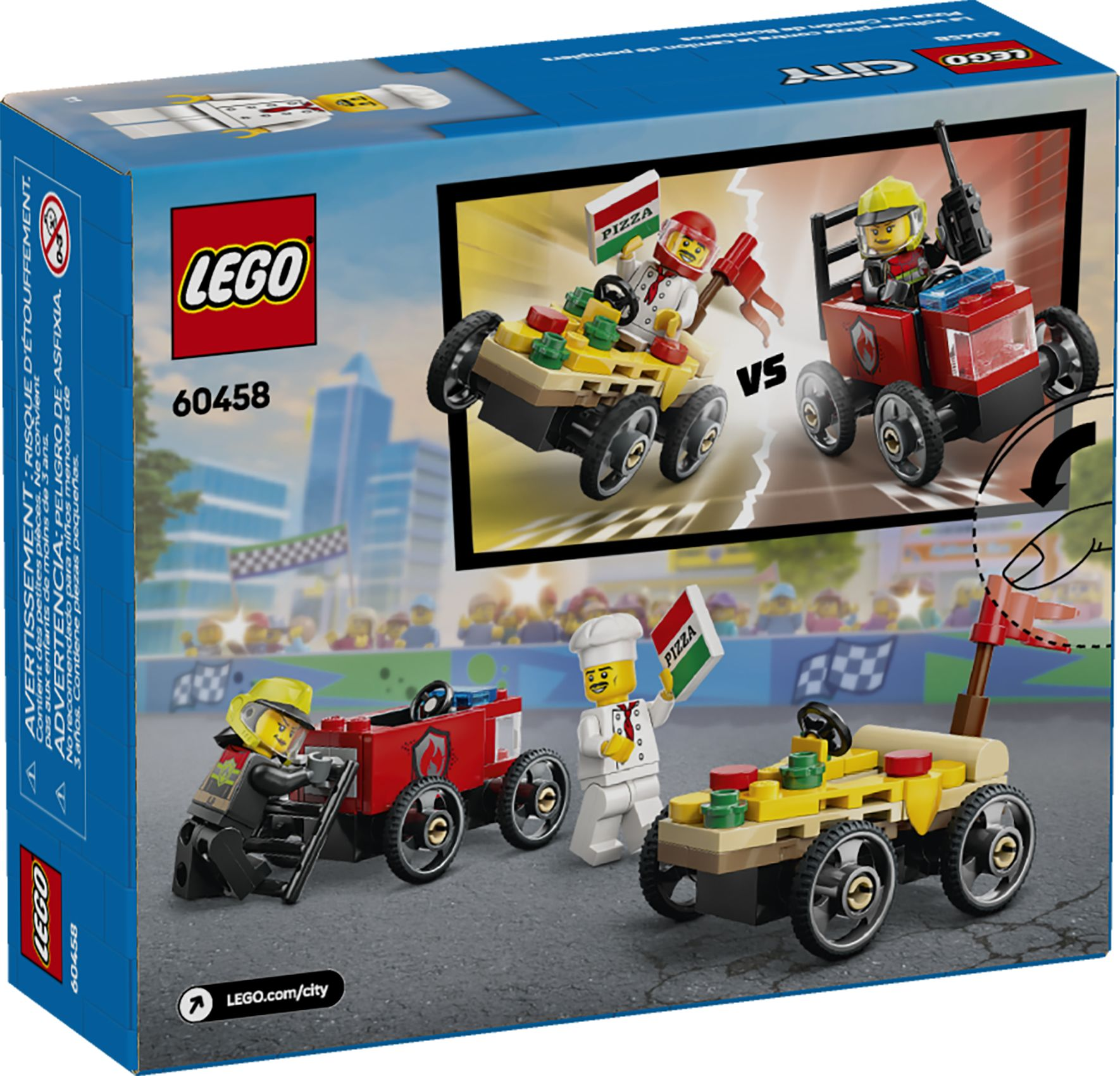 Lego-Spielzeug: Pizzawagen und Feuerwehrauto im Wettrennen.