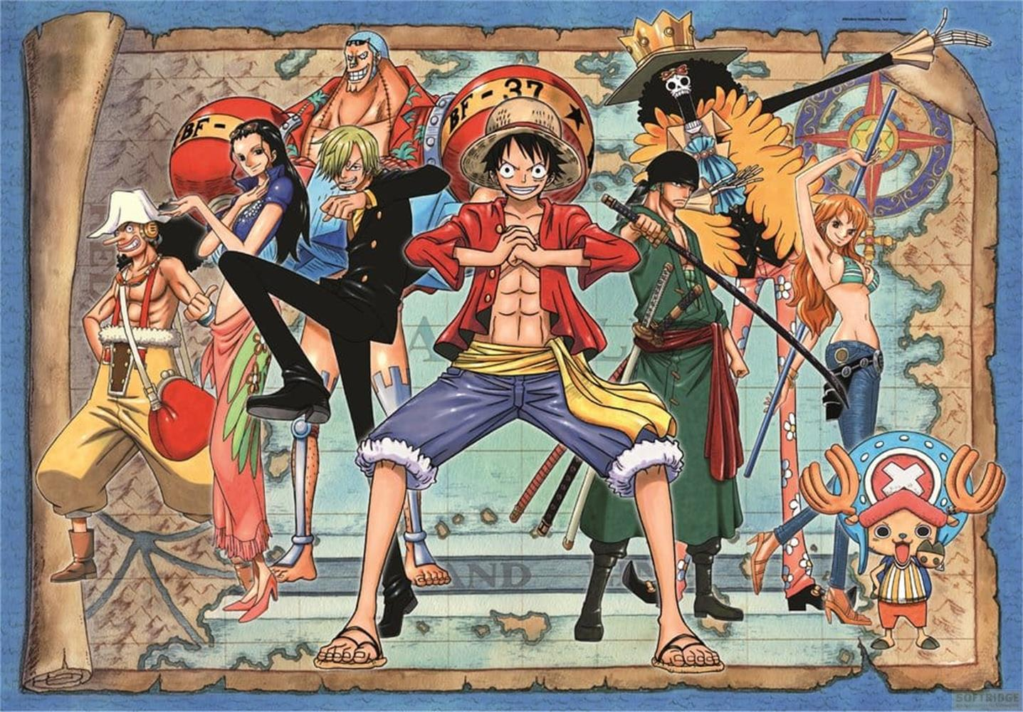 A group of anime characters stand before a map, with Luffy at the center.