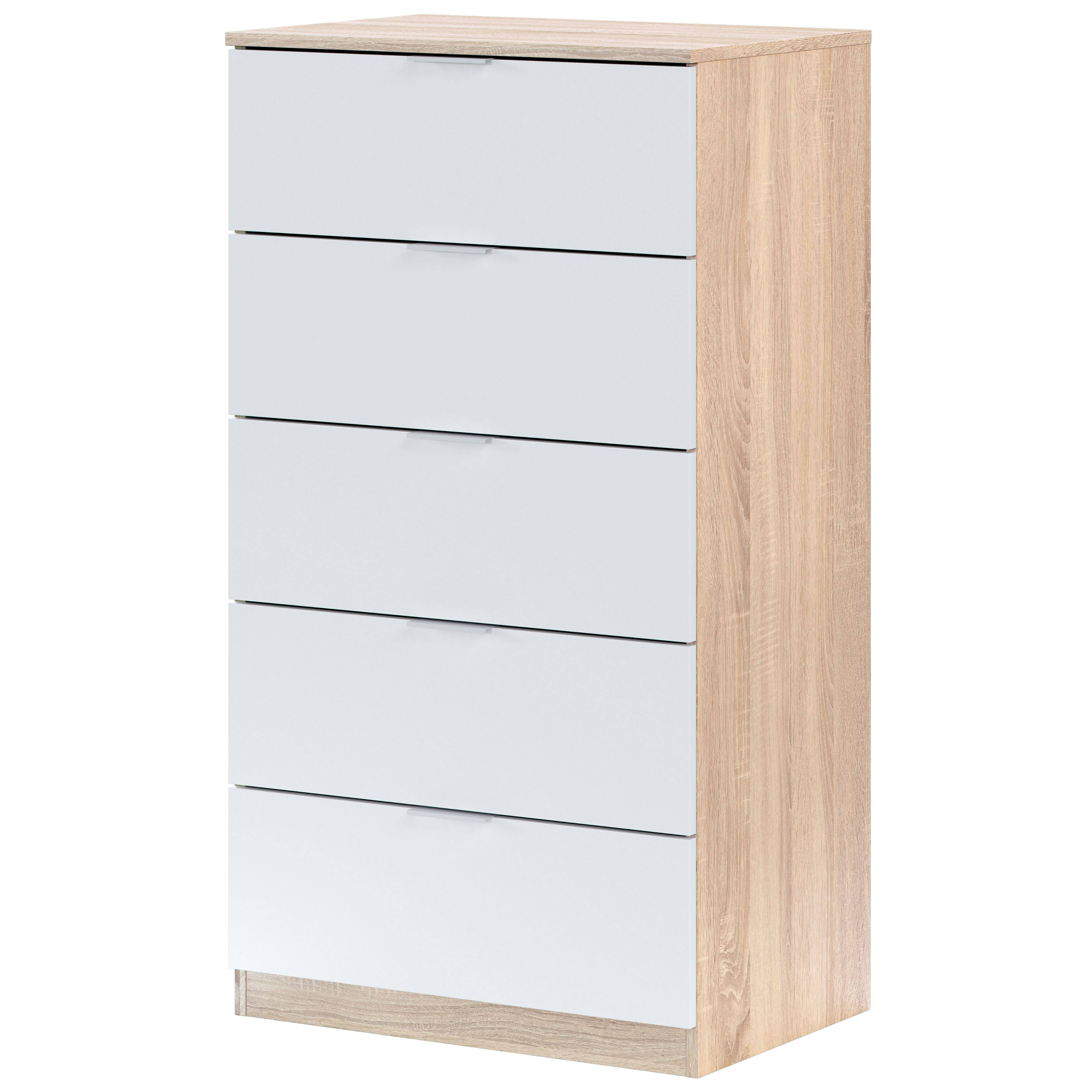 Cómoda blanca con laterales efecto madera y cinco cajones.