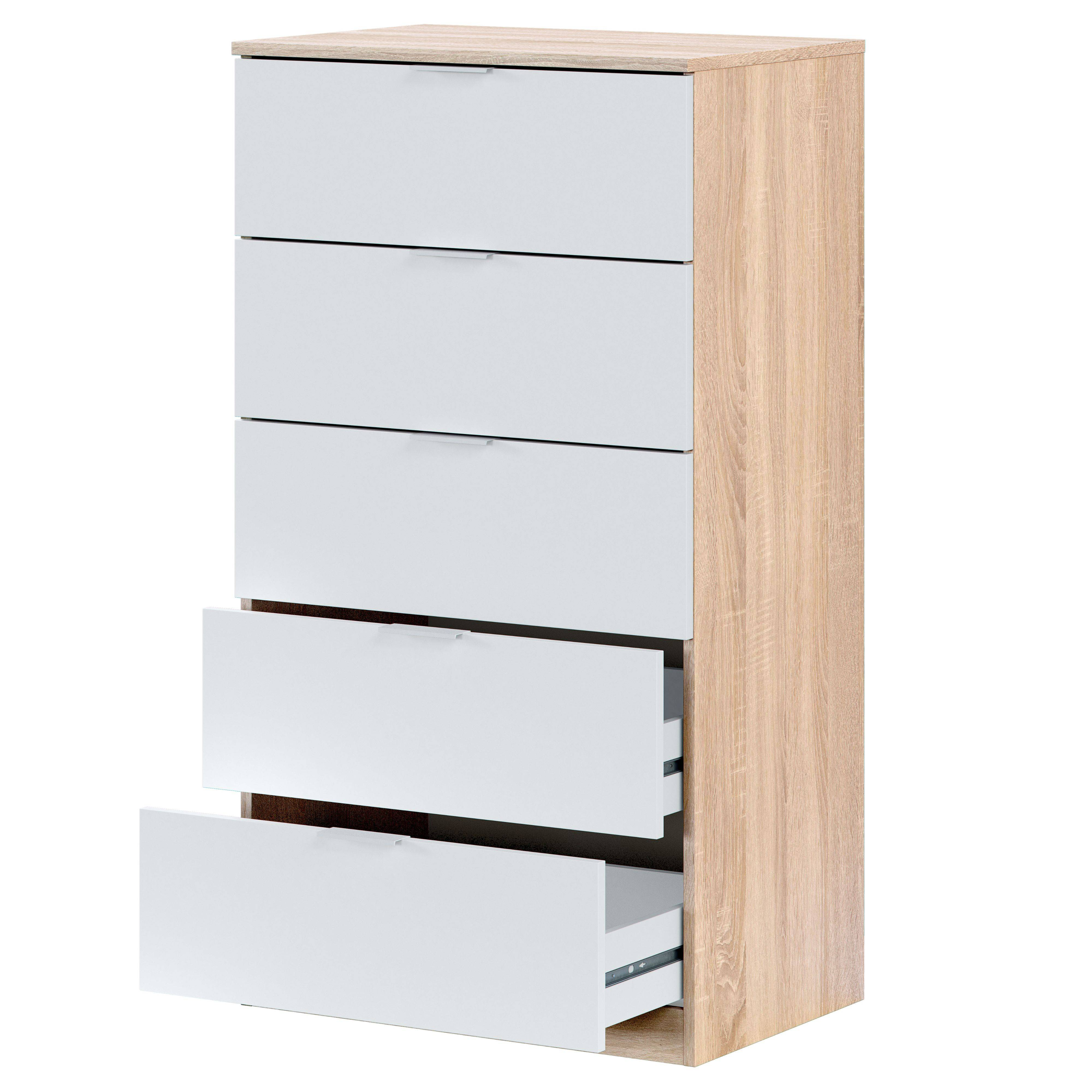 Cómoda blanca con laterales de madera y algunos cajones abiertos.