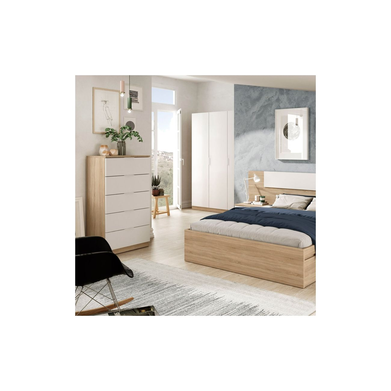 Dormitorio moderno con cama de madera, armario blanco y cómoda.