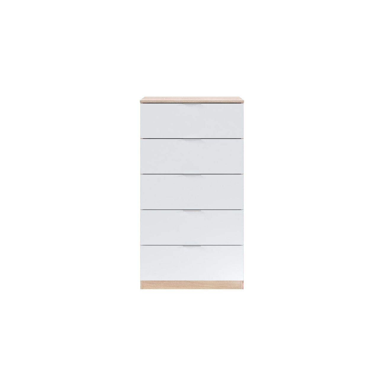 Una cómoda blanca con cinco cajones y tapa de madera.
