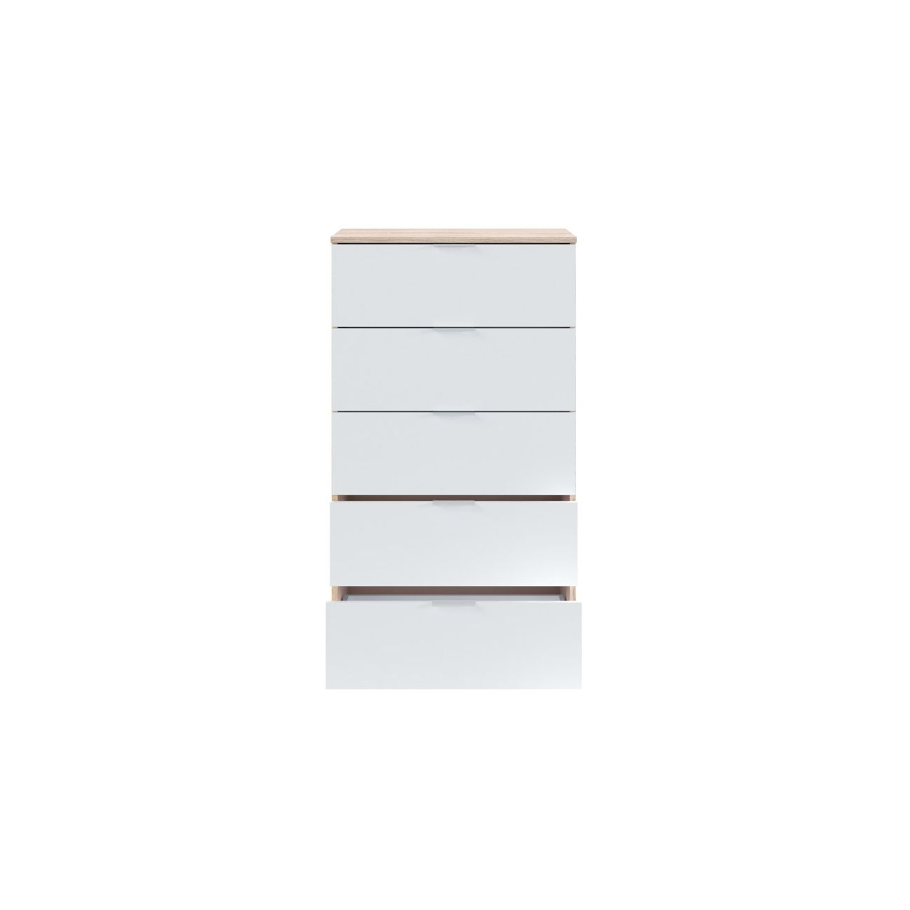 Cómoda blanca con tapa de madera, cinco cajones, uno ligeramente abierto.