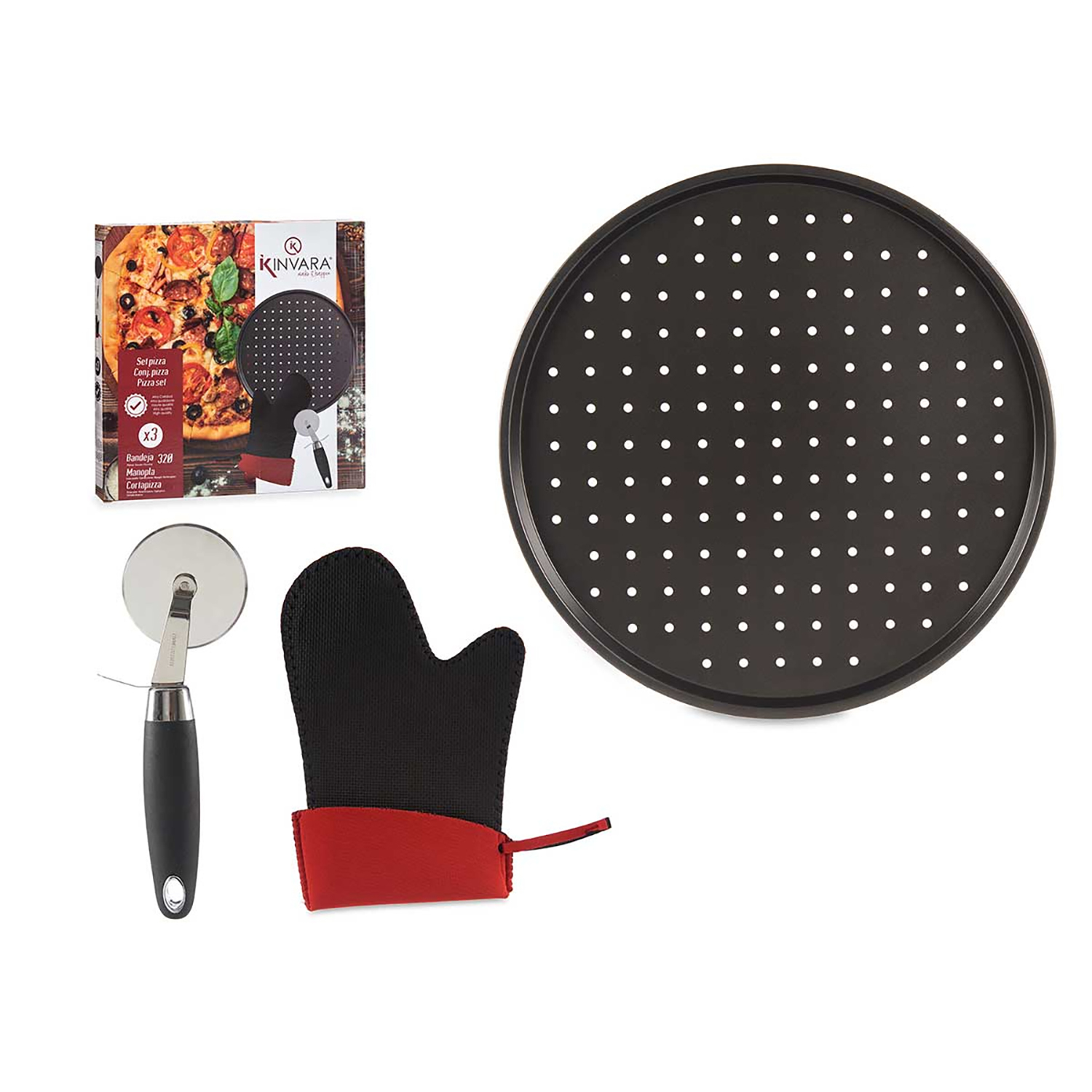Un set de pizza con bandeja, manopla y cortador de pizza.