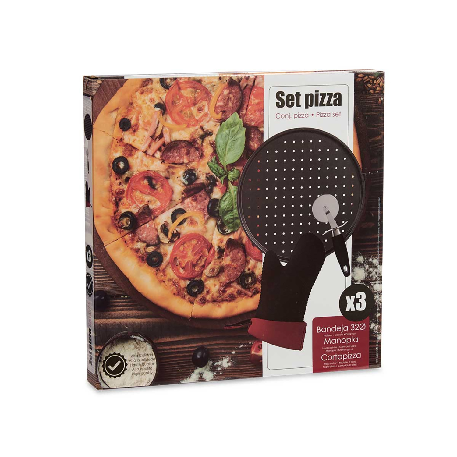 Embalaje de un set de pizza con pizza, guante y cortador de pizza.