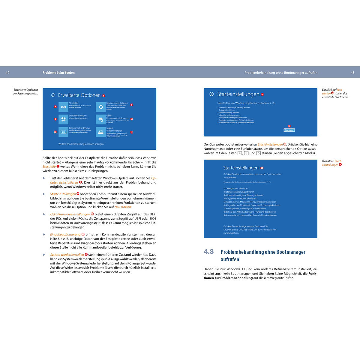 Windows-Problembehandlung: Erweiterte Optionen und Starteinstellungen mit Listen.