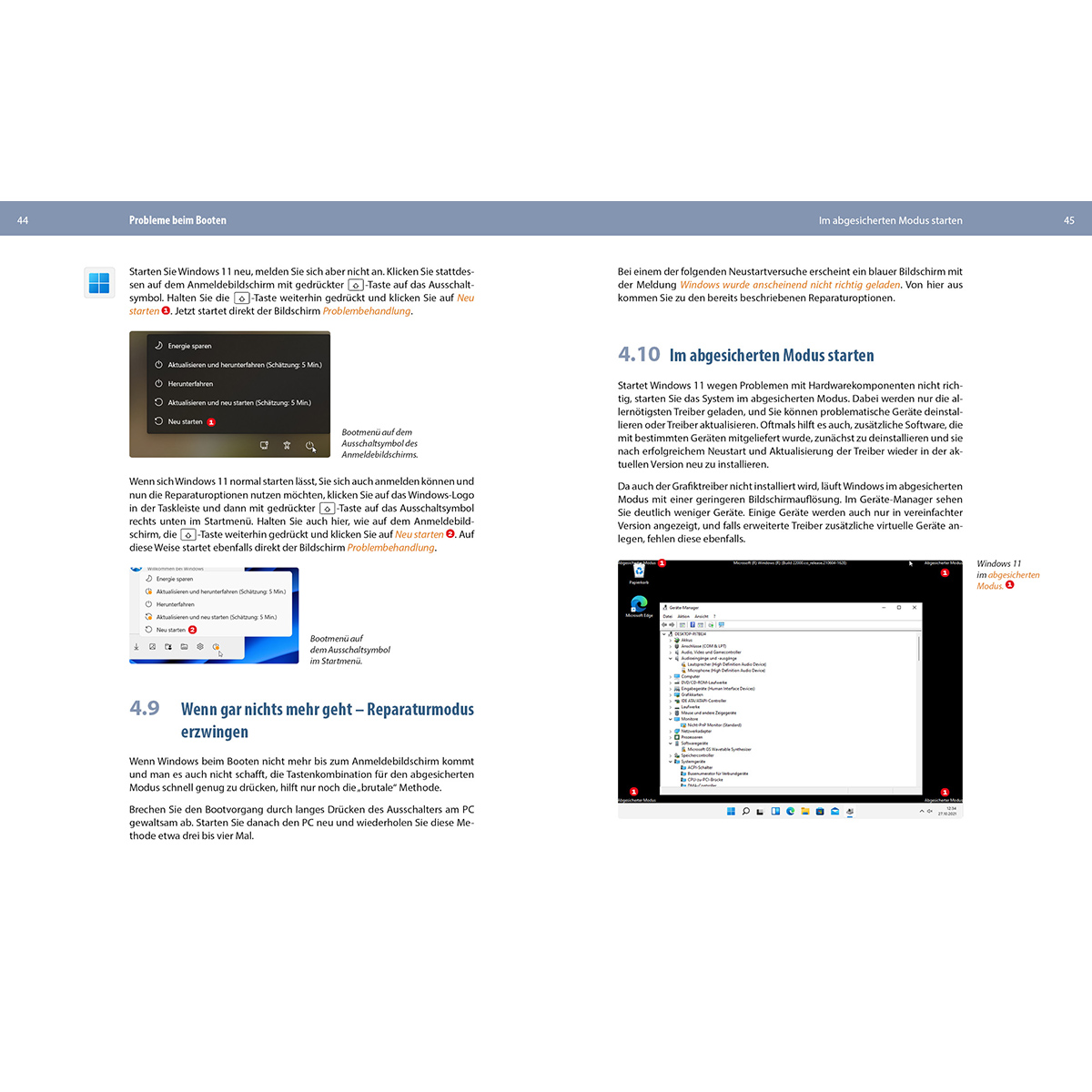 Bildschirmabbildungen zeigen Windows-Startoptionen und den Geräte-Manager im abgesicherten Modus.