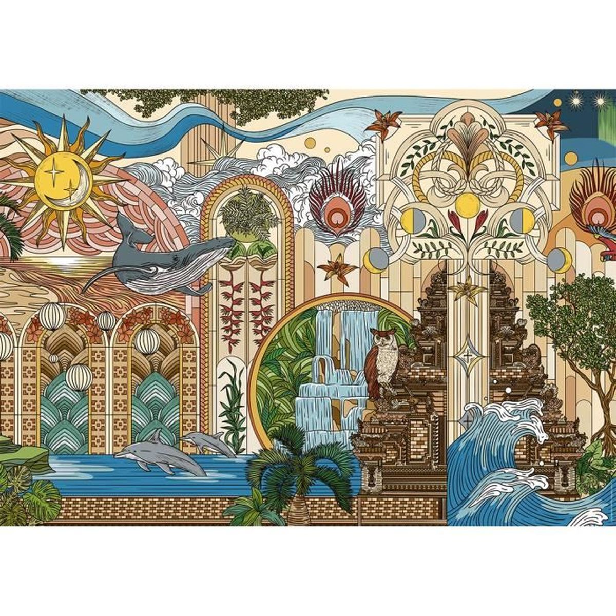 Un paesaggio surreale con balena, delfini, sole, luna, cascata, gufo e tempio.