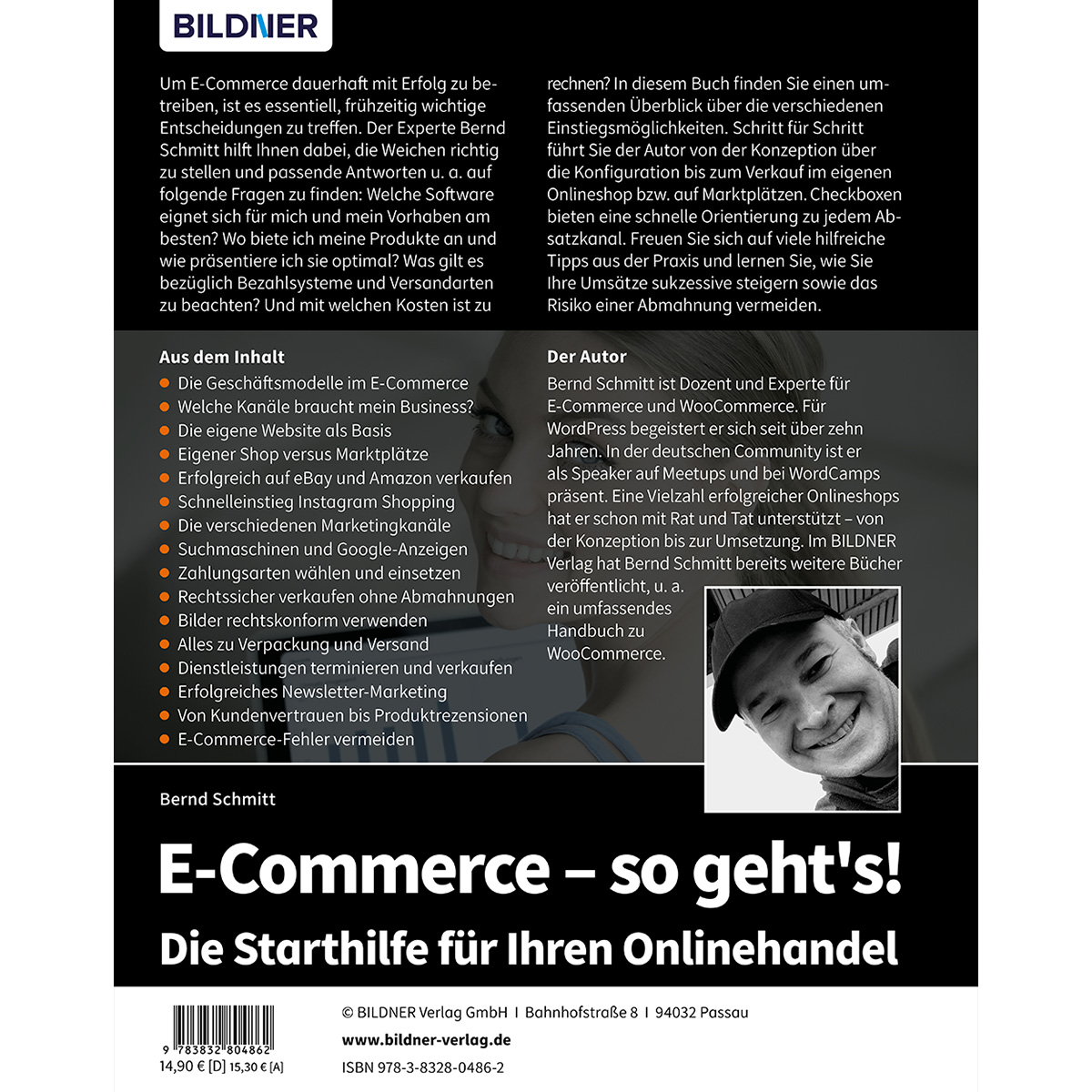 Buchcover: E-Commerce - so geht's! mit Bernd Schmitt und Inhaltsübersicht.