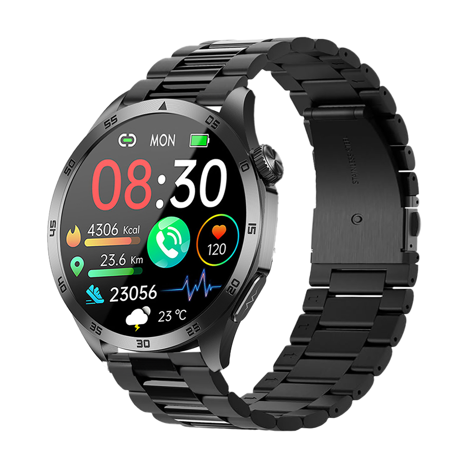 Schwarze Smartwatch mit Metallarmband zeigt 08:30 Uhr, Kalorien, Distanz, Herzfrequenz.
