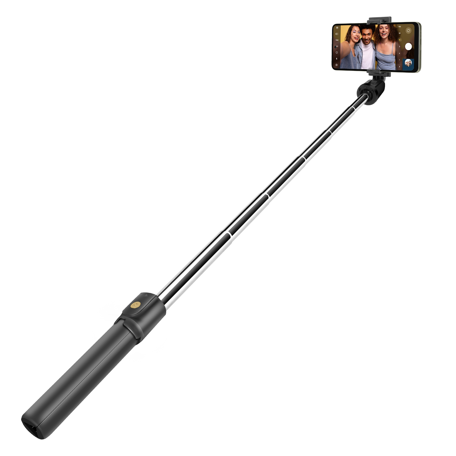 Ein ausziehbarer Selfie-Stick mit einem Smartphone, das ein Foto zeigt.