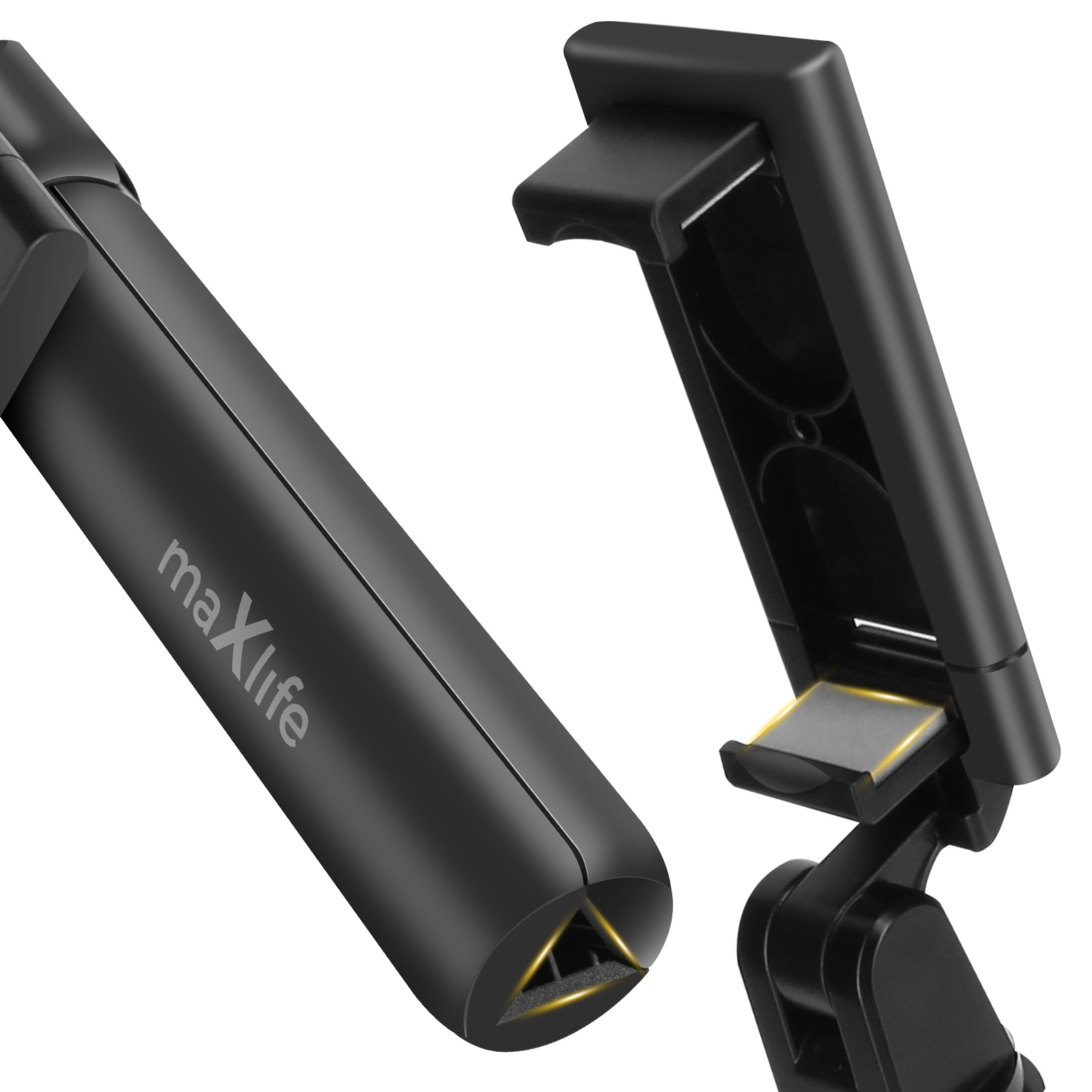 Ein schwarzer Hand Selfie-Stick mit dem Logo maxLife und eine schwarze Handyhalterung.