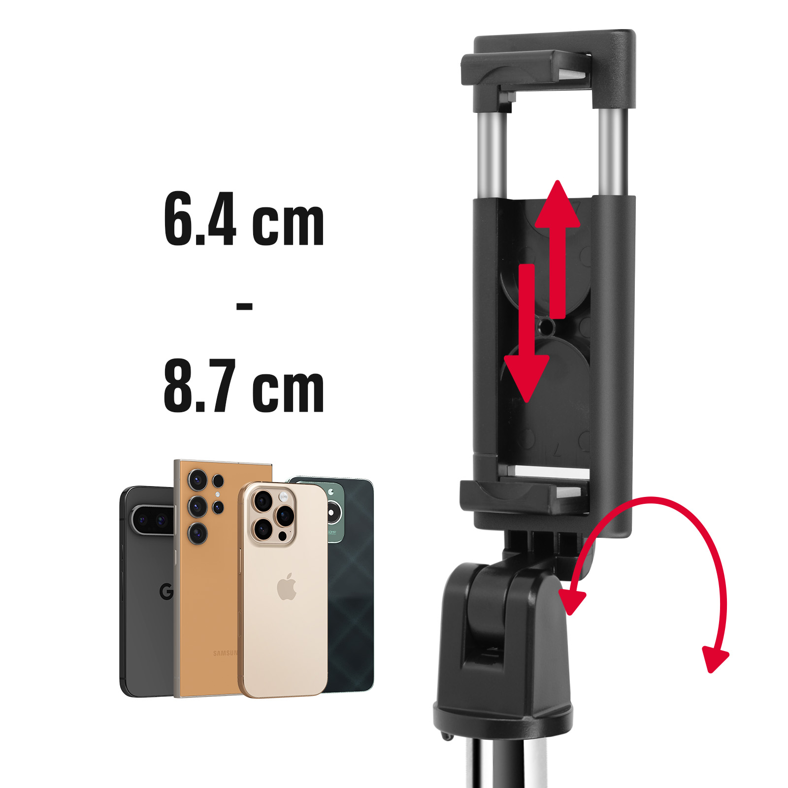 Ein Handyhalter zeigt Maße von 6,4-8,7 cm und vier Smartphones.