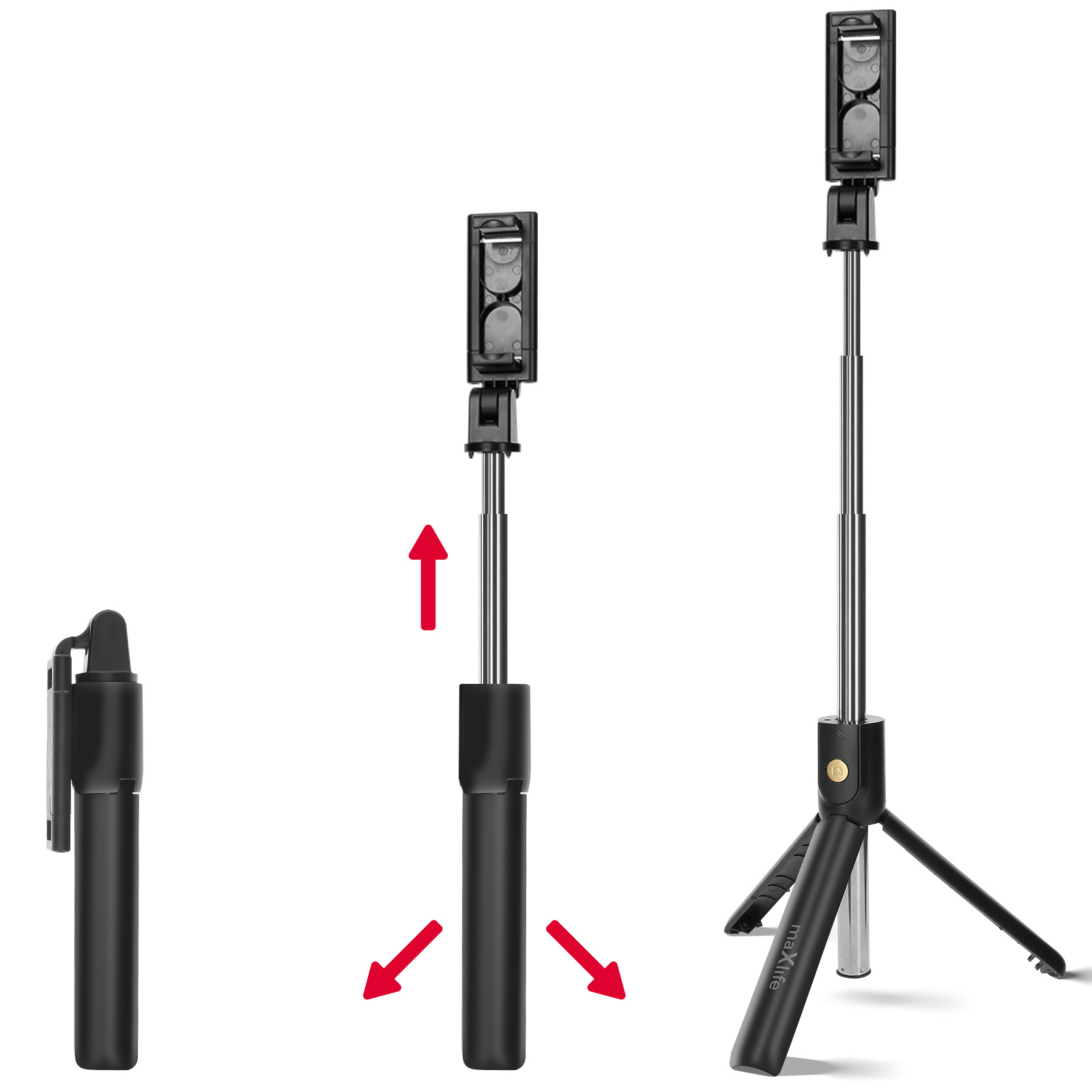 Einklappbarer schwarzer Selfie-Stick in drei Stufen: gefaltet, ausziehend und als Stativ.