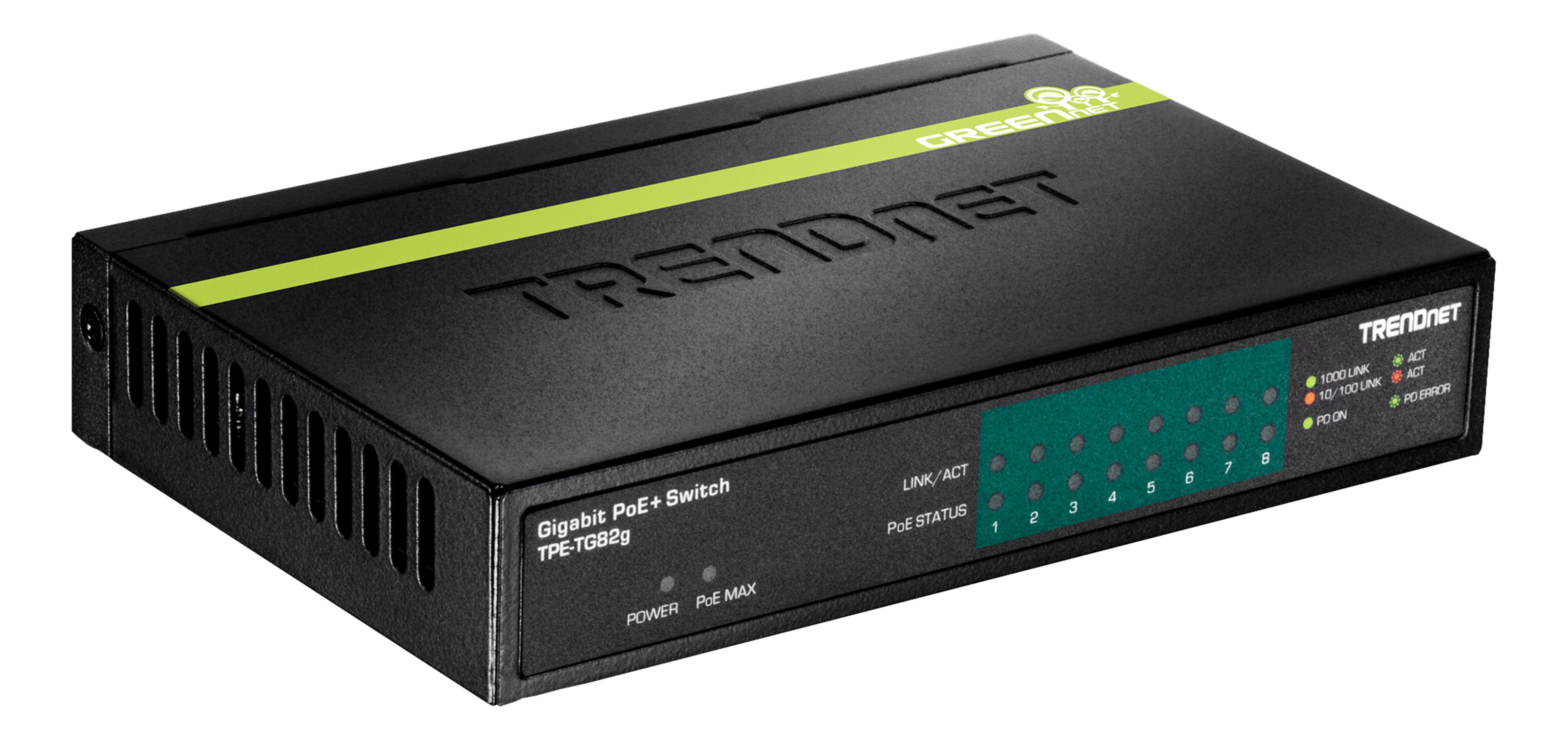Switch Trendnet Gigabit PoE+ TPE-TG82g nero con striscia verde e LED.