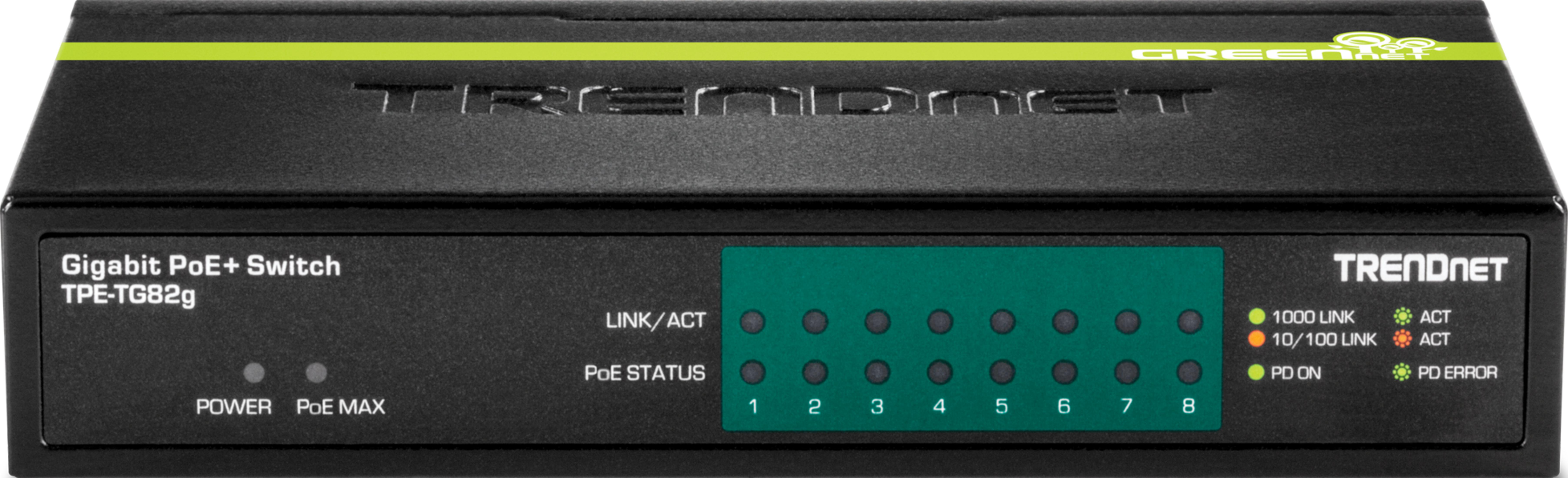 Switch Trendnet Gigabit PoE+ TPE-TG82g nero con LED di stato.