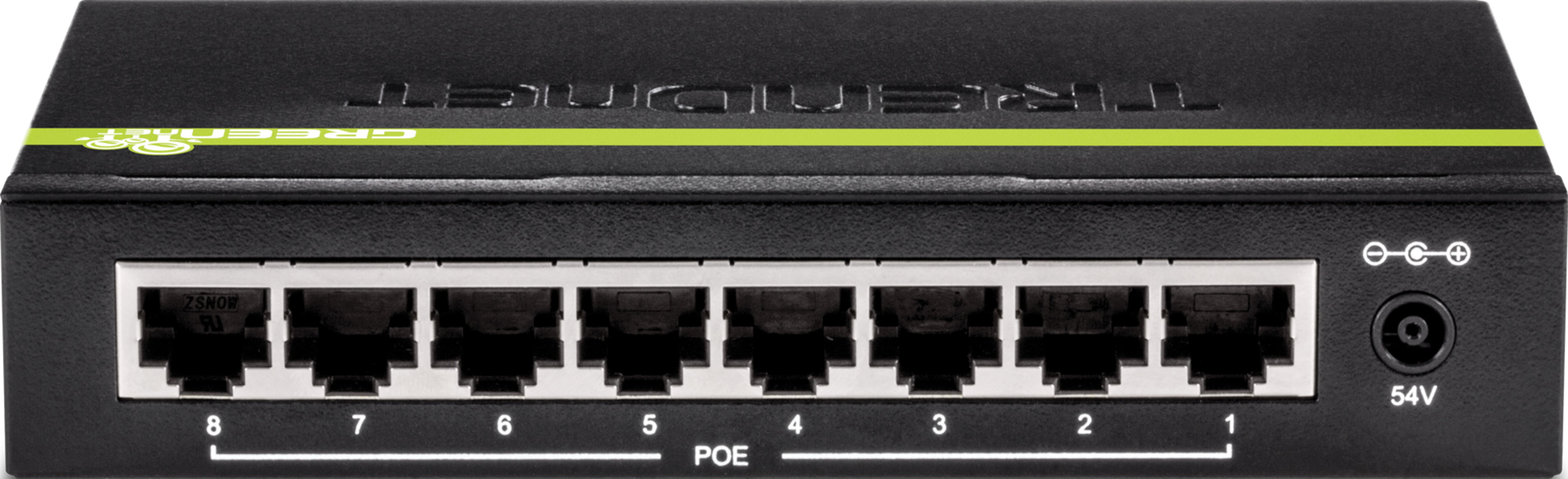 Switch di rete nero 8 porte con PoE e alimentazione 54V.
