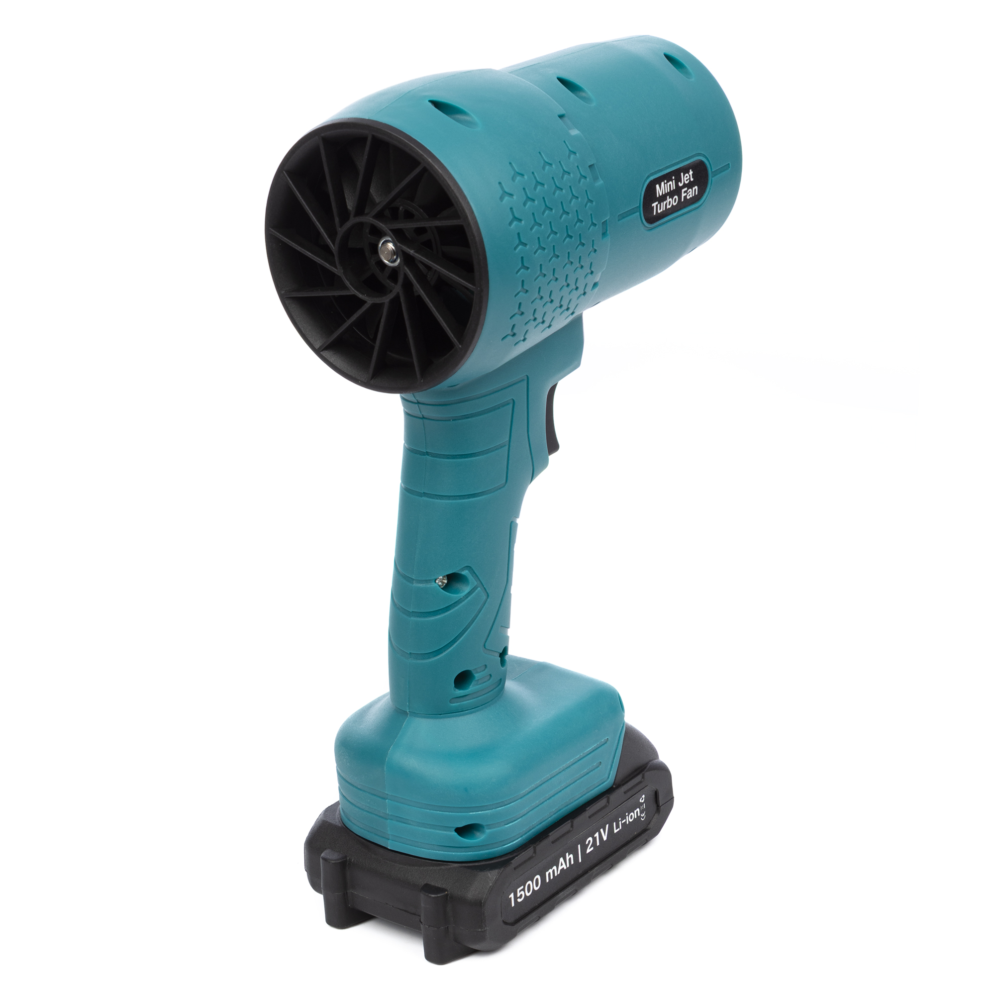 Un ventilador turbo mini jet de color verde azulado con batería negra.