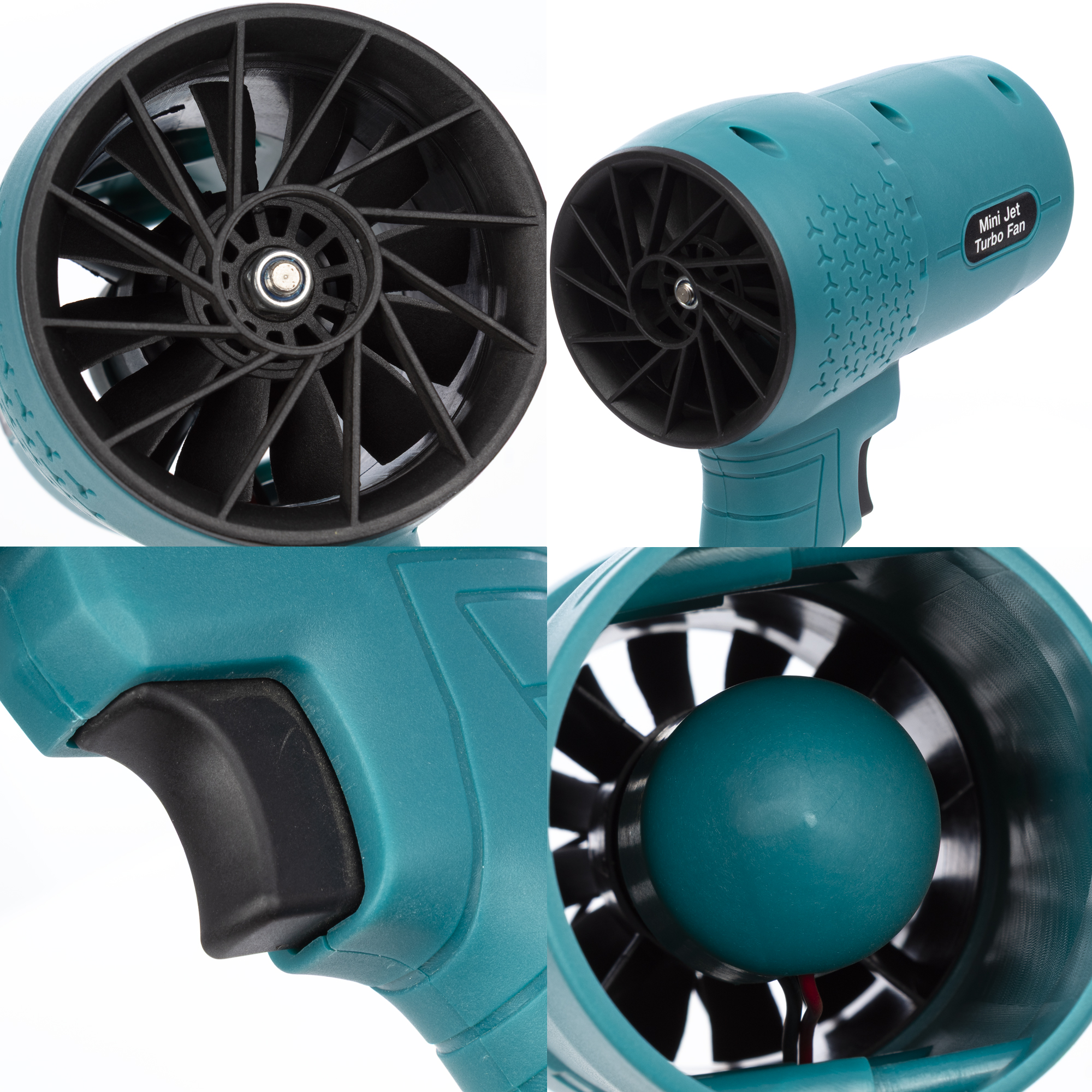 Un mini ventilador turbo a reacción color verde azulado con aspas negras.
